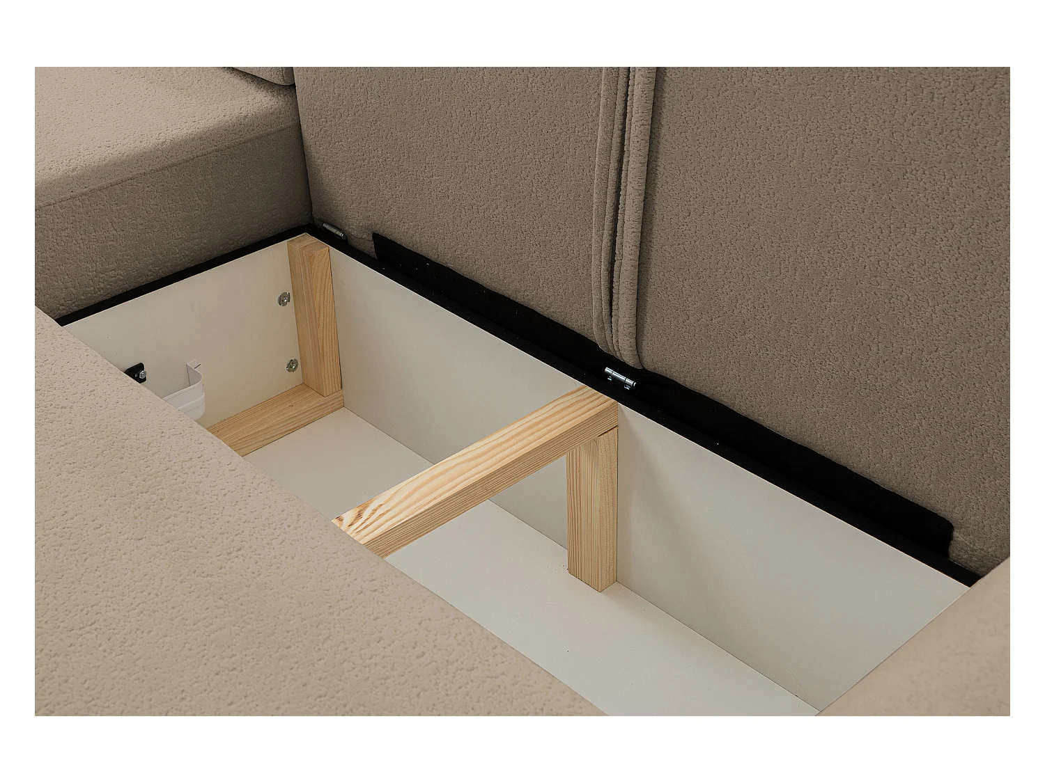 Canapé d'angle Dream avec fonction couchage et coffre de rangement, couleur : marron, tissu bouclé, ottomane à gauche