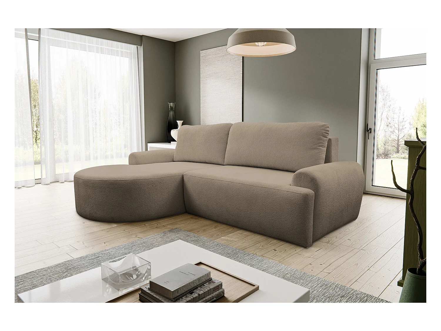 Canapé d'angle Dream avec fonction couchage et coffre de rangement, couleur : marron, tissu bouclé, ottomane à gauche