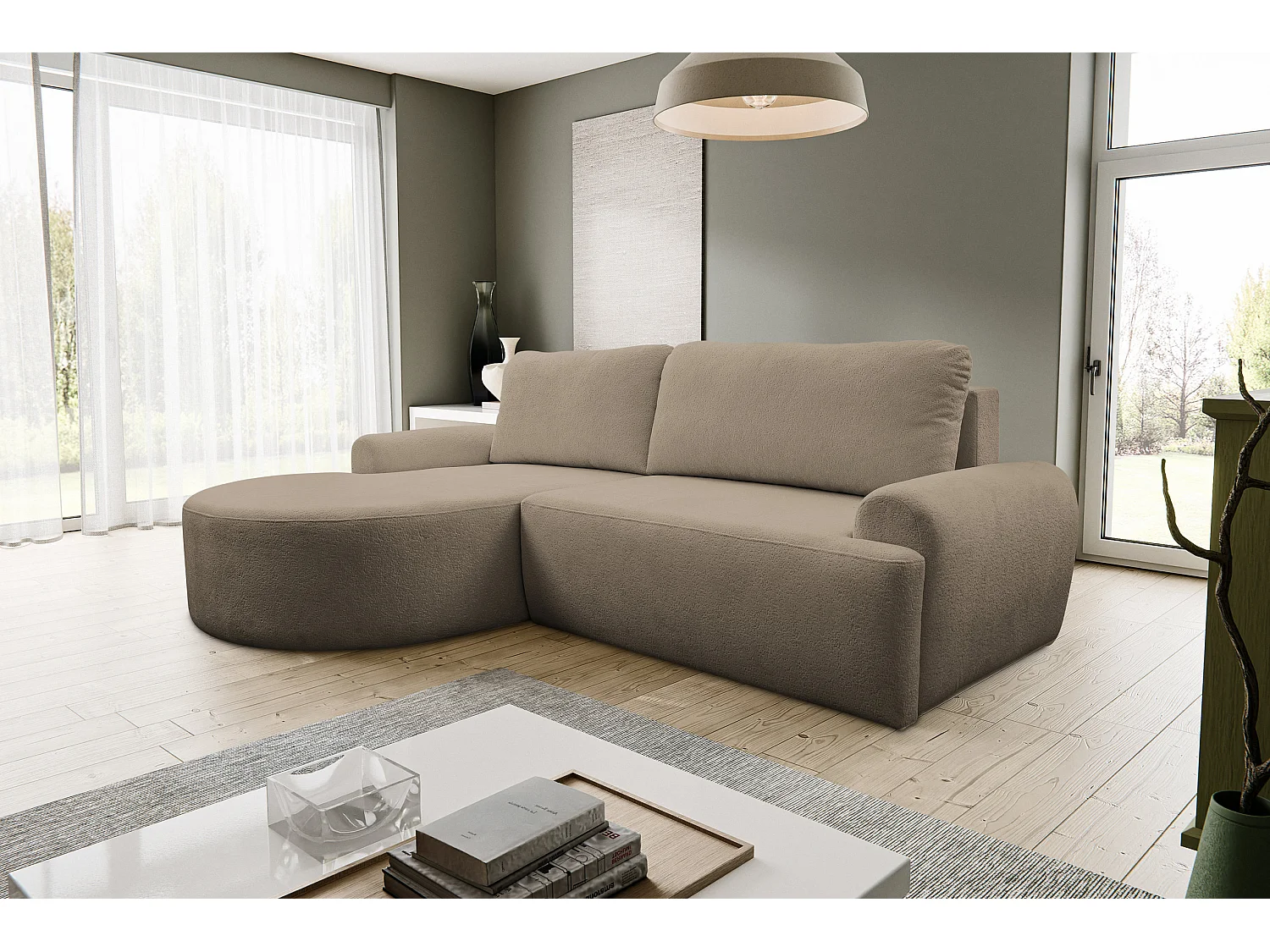 Canapé d'angle Dream avec fonction couchage et coffre de rangement, couleur : marron, tissu bouclé, ottomane à gauche