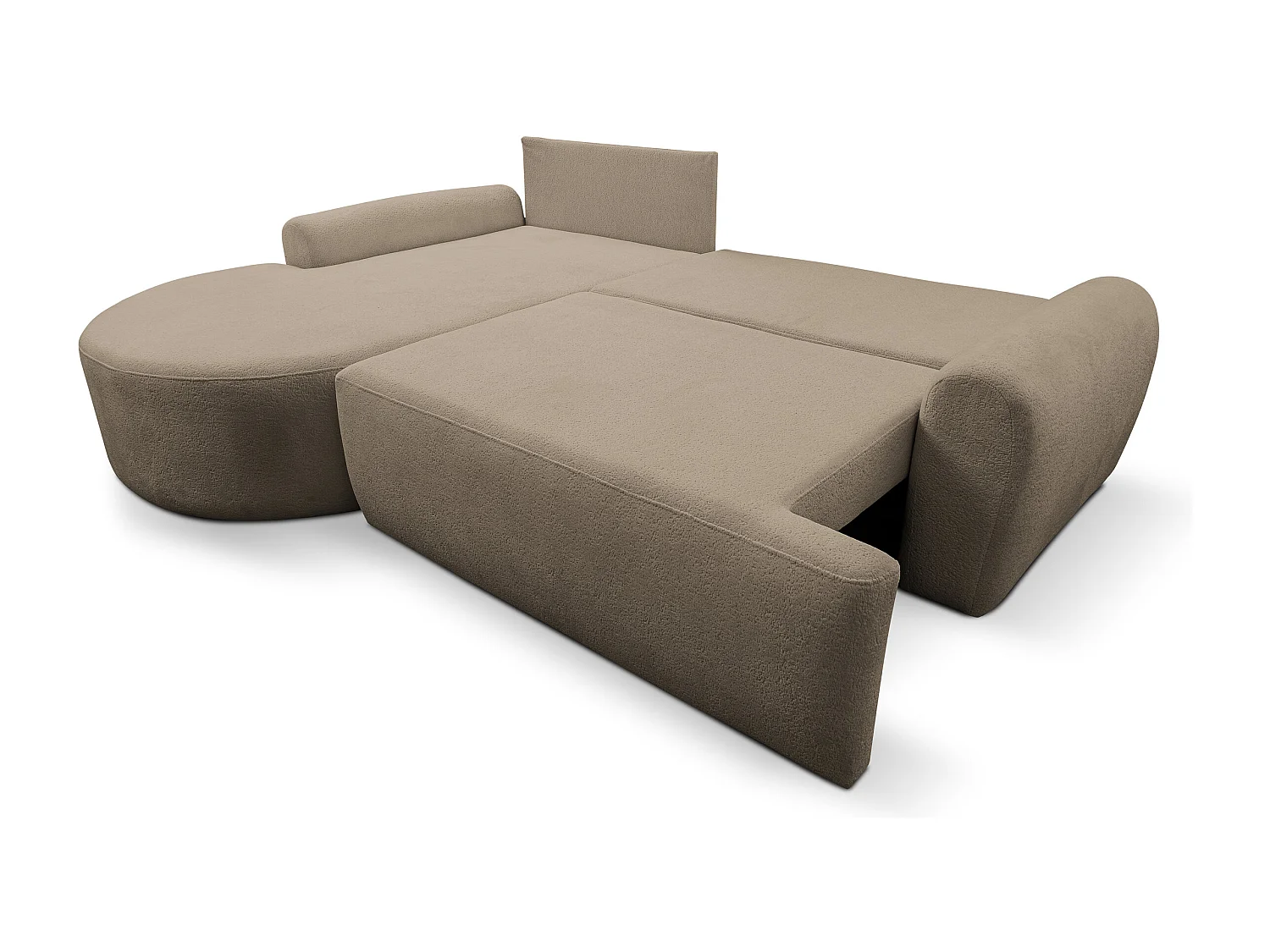 Canapé d'angle Dream avec fonction couchage et coffre de rangement, couleur : marron, tissu bouclé, ottomane à gauche