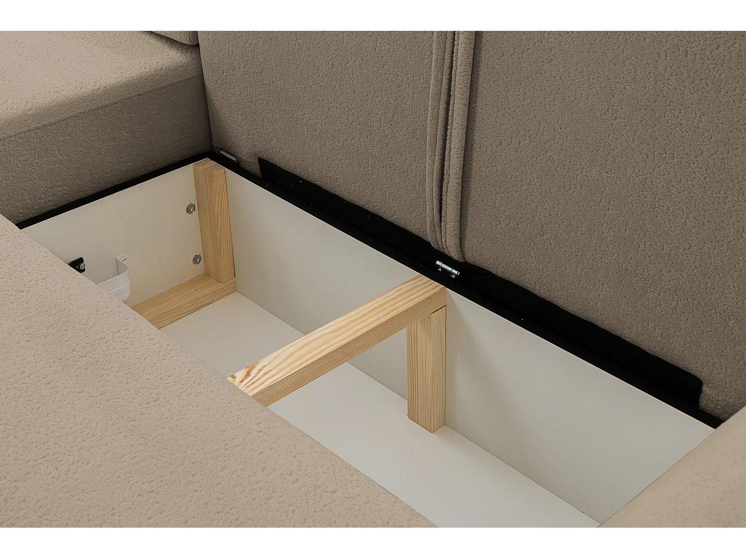 Canapé d'angle Dream avec fonction couchage et coffre de rangement, couleur : marron, tissu bouclé, ottomane à gauche