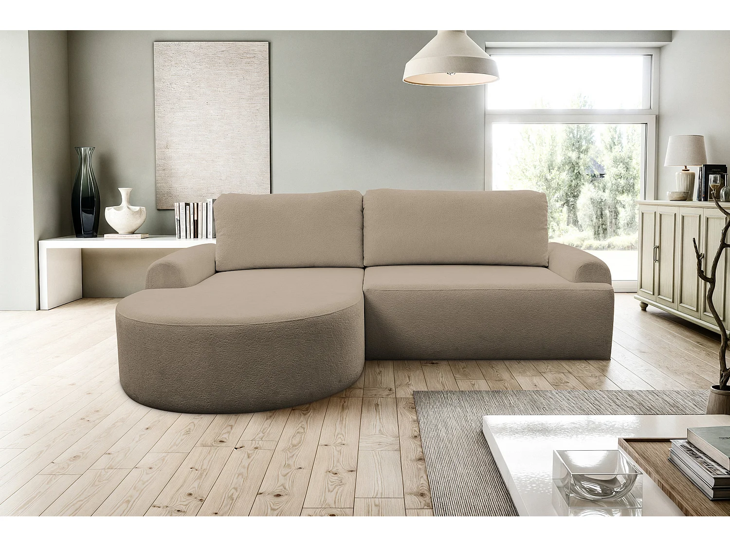 Canapé d'angle Dream avec fonction couchage et coffre de rangement, couleur : marron, tissu bouclé, ottomane à gauche