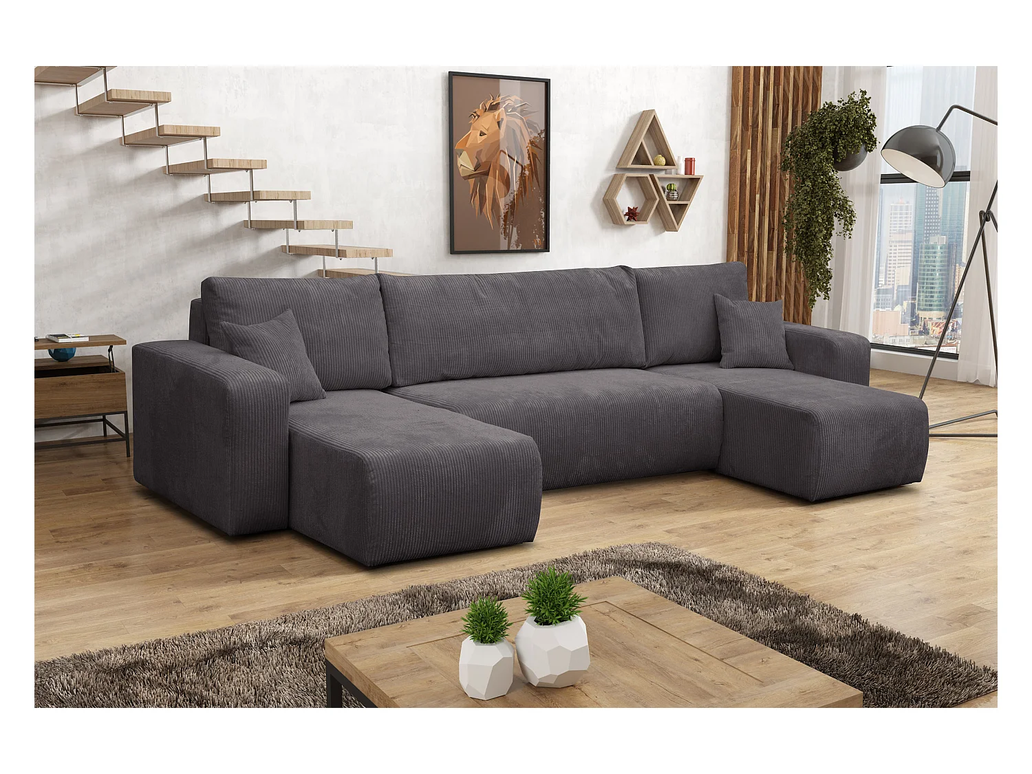 Ensemble de salon Luna U, canapé en forme de U avec fonction couchage et coffre de rangement, couleur : gris foncé, tissu velours côtelé