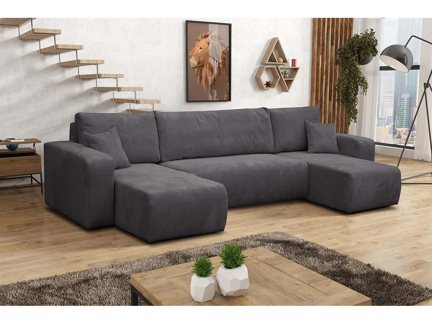 Ensemble de salon Luna U, canapé en forme de U avec fonction couchage et coffre de rangement, couleur : gris foncé, tissu velours côtelé