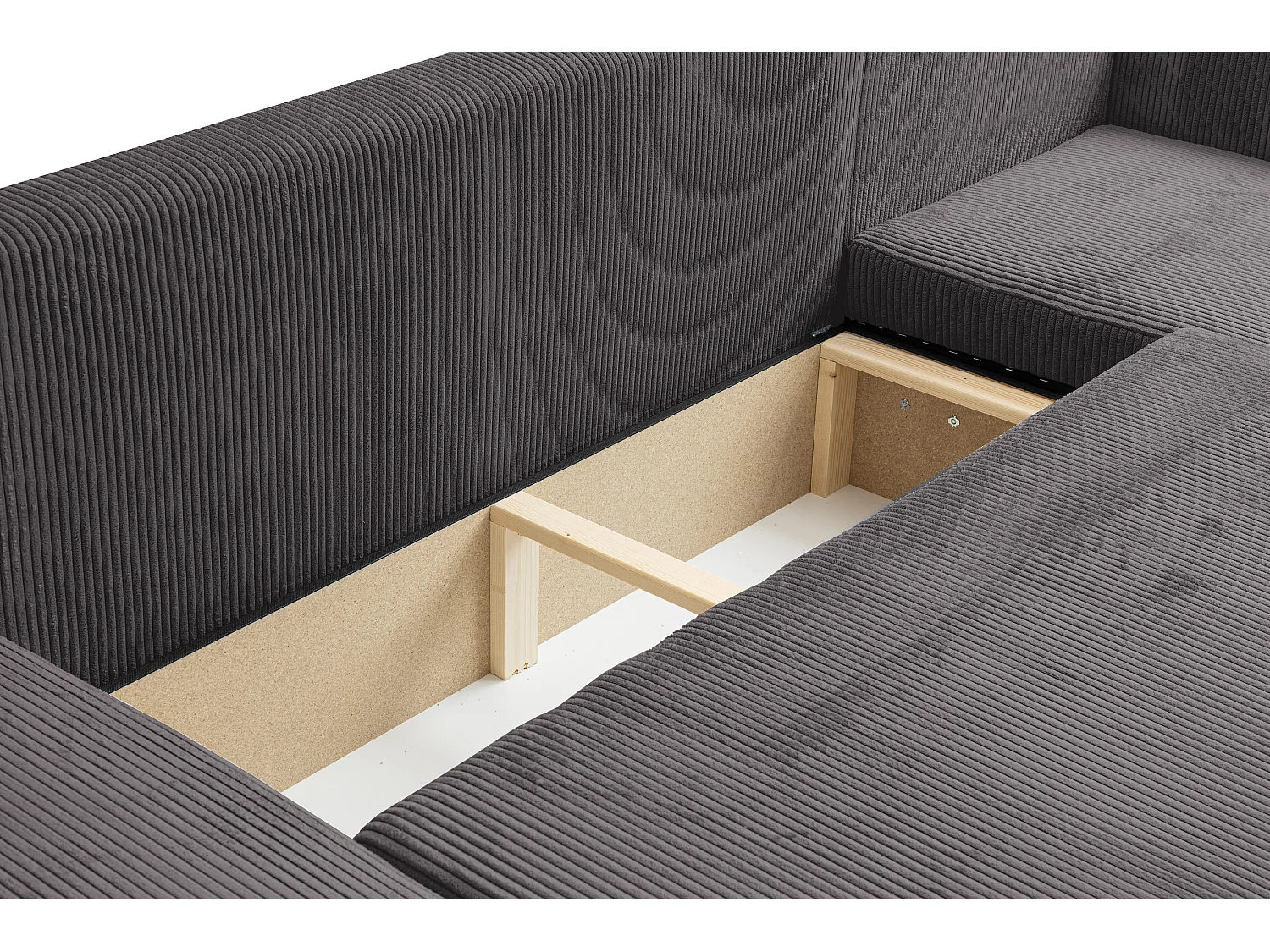 Woonlandschap Luna U, bank in U-vorm met slaapfunctie en bedbak, kleur: donkergrijs, corduroy