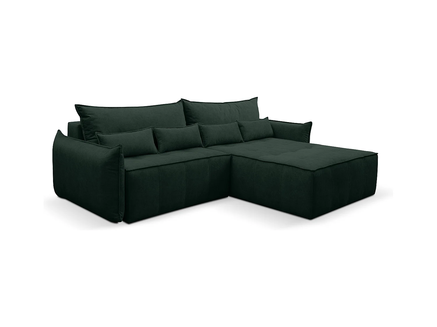 Canapé d'angle Empoli avec fonction couchage et coffre de rangement, couleur : vert, tissu velours, pouf à droite