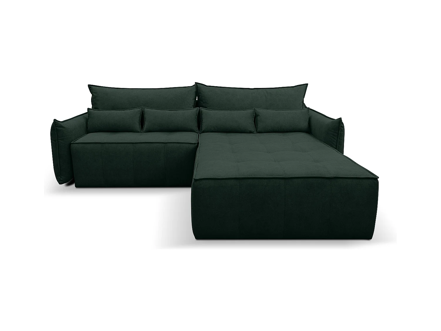 Canapé d'angle Empoli avec fonction couchage et coffre de rangement, couleur : vert, tissu velours, pouf à droite