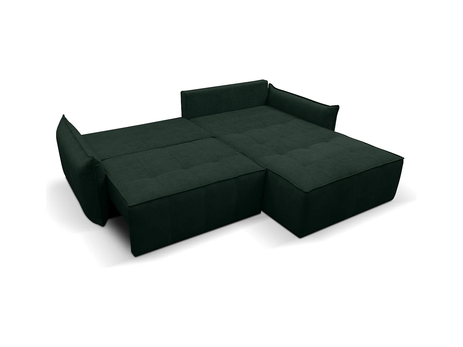 Canapé d'angle Empoli avec fonction couchage et coffre de rangement, couleur : vert, tissu velours, pouf à droite