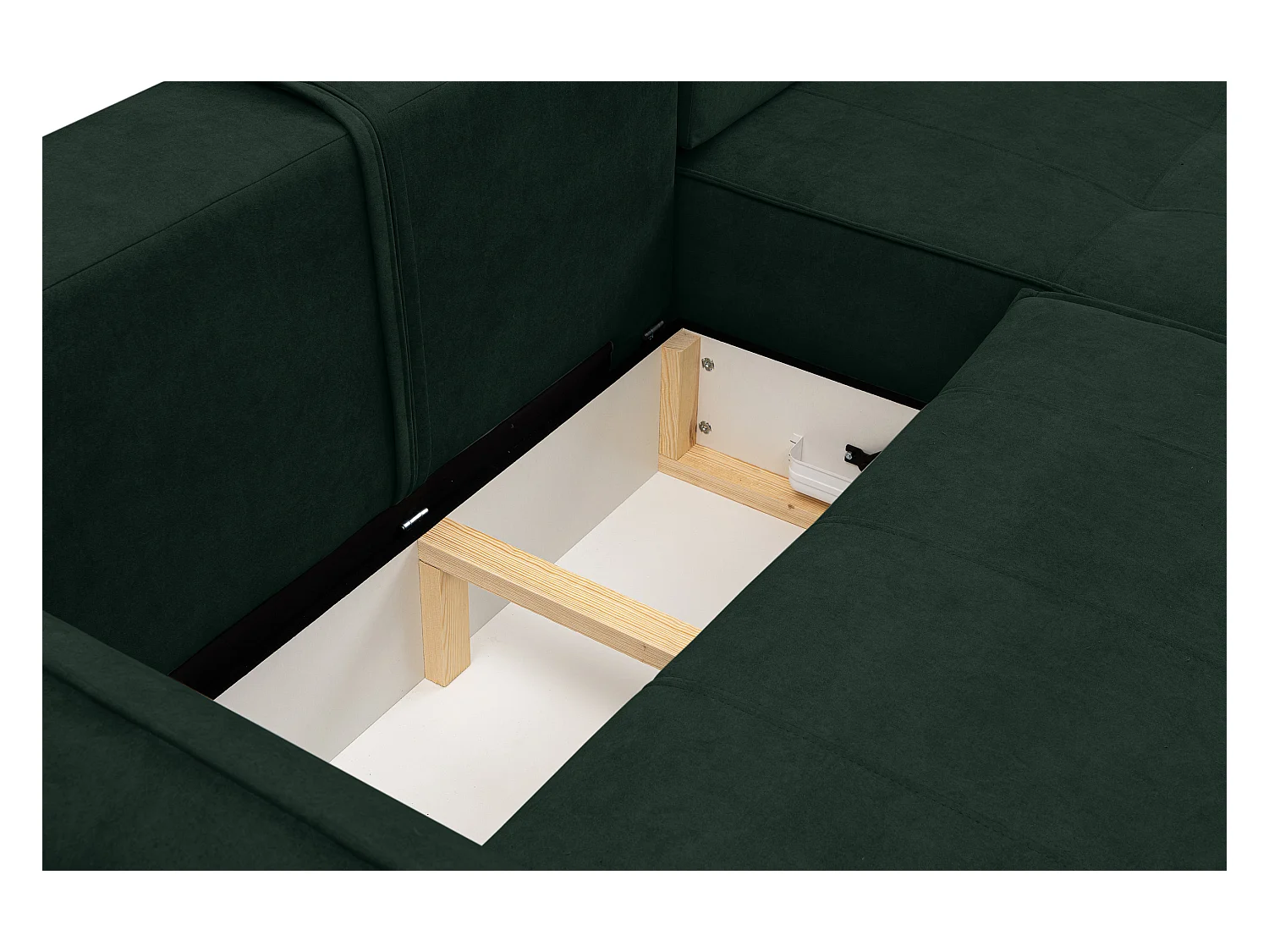 Canapé d'angle Empoli avec fonction couchage et coffre de rangement, couleur : vert, tissu velours, pouf à droite