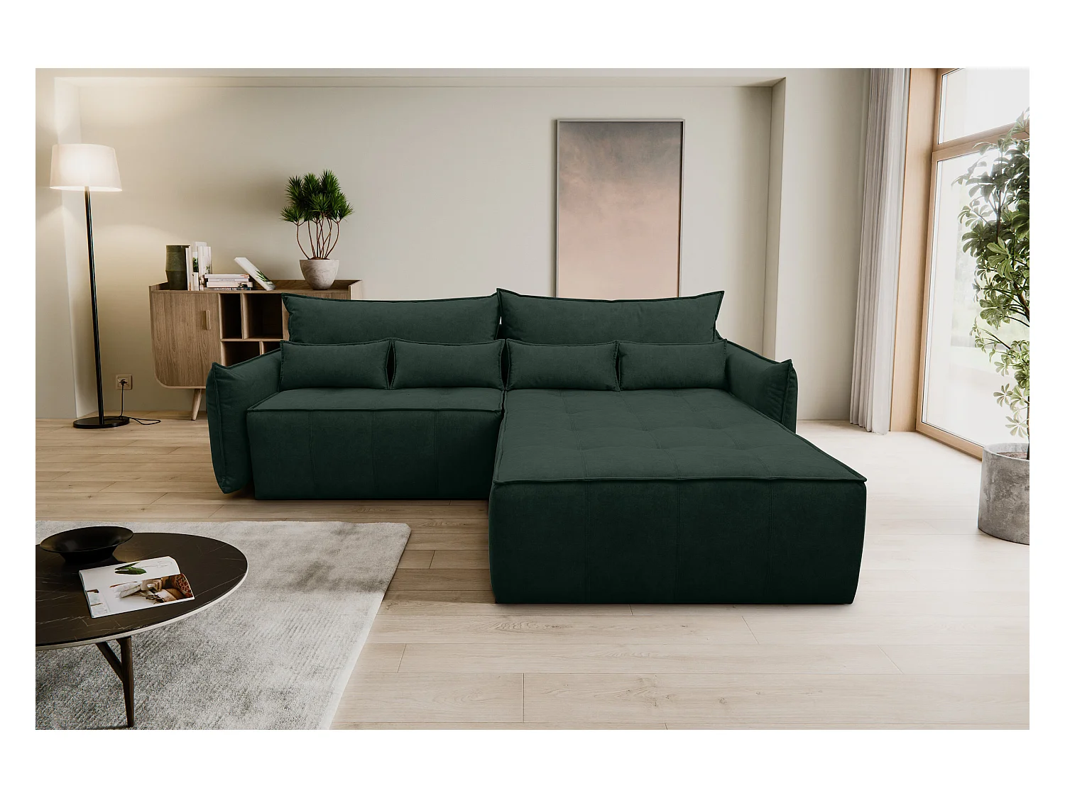 Canapé d'angle Empoli avec fonction couchage et coffre de rangement, couleur : vert, tissu velours, pouf à droite