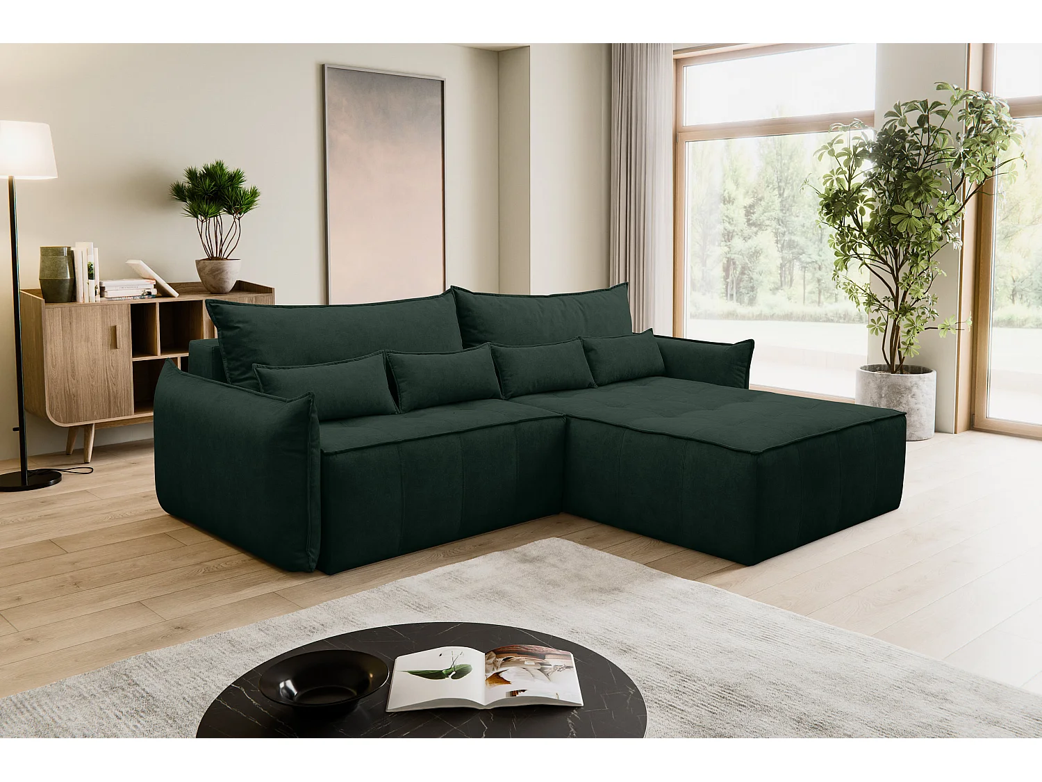 Canapé d'angle Empoli avec fonction couchage et coffre de rangement, couleur : vert, tissu velours, pouf à droite