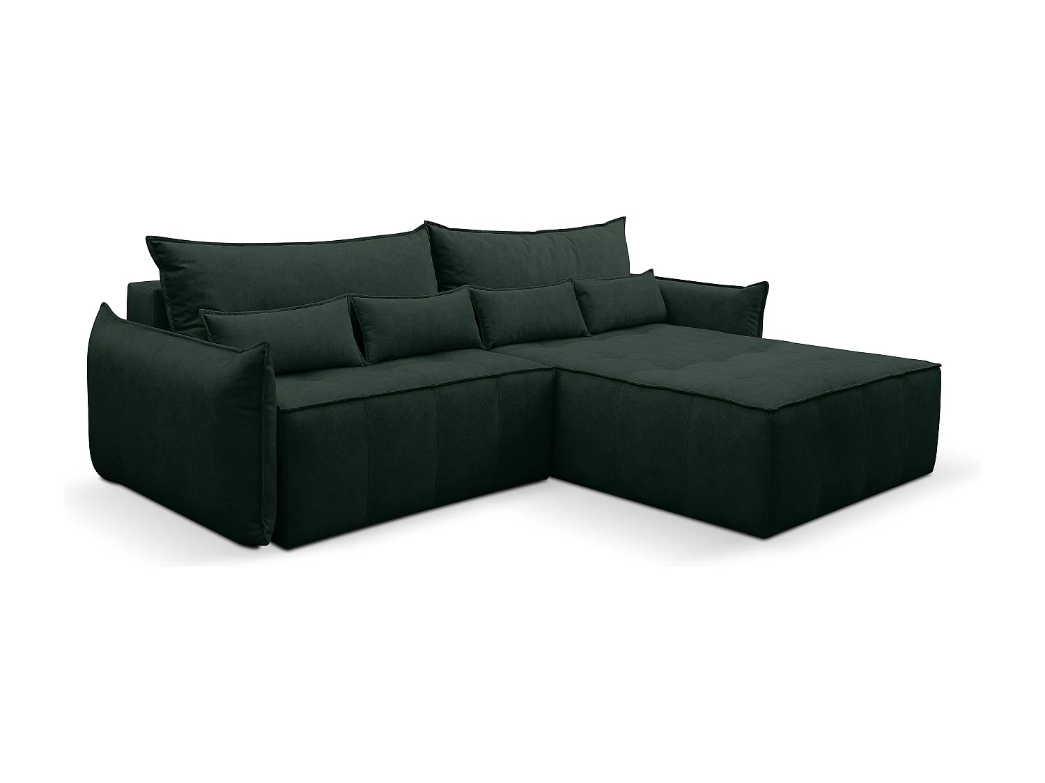 Canapé d'angle Empoli avec fonction couchage et coffre de rangement, couleur : vert, tissu velours, pouf à droite