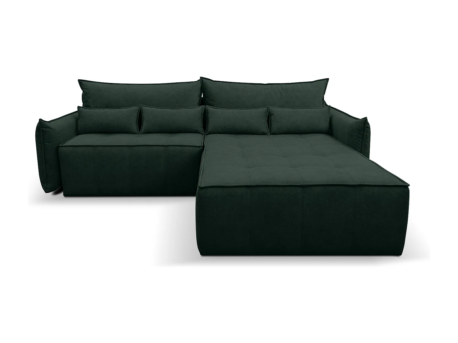 Canapé d'angle Empoli avec fonction couchage et coffre de rangement, couleur : vert, tissu velours, pouf à droite