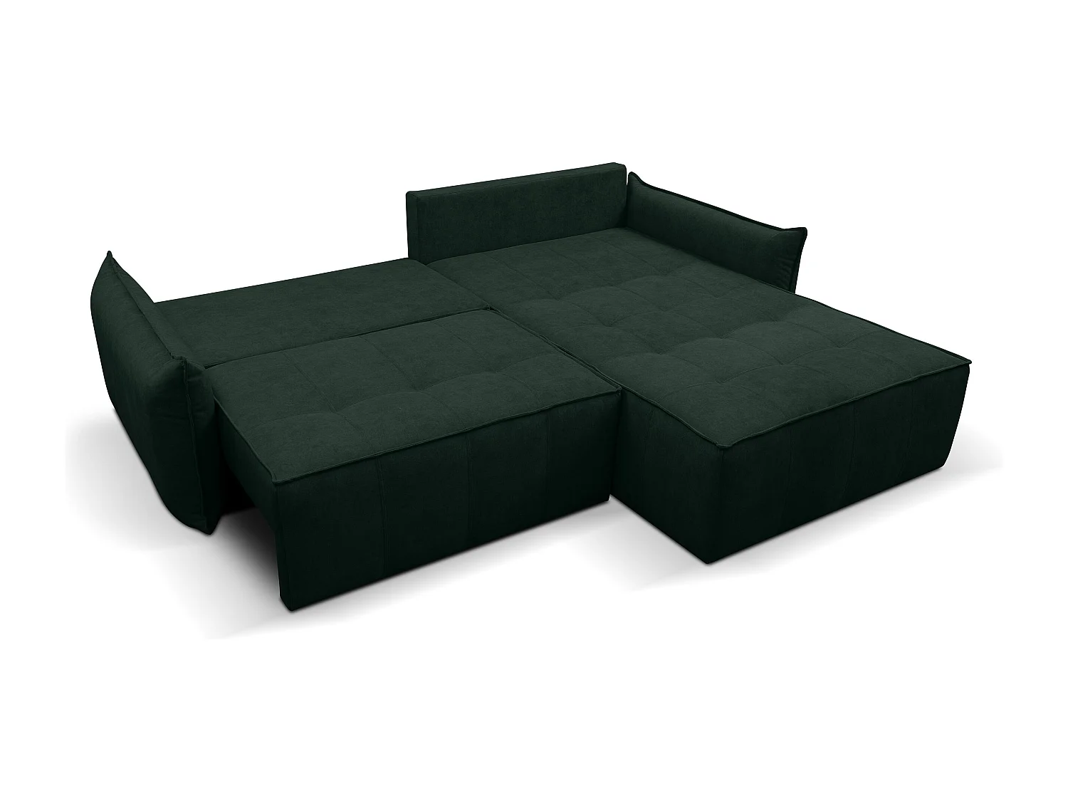 Canapé d'angle Empoli avec fonction couchage et coffre de rangement, couleur : vert, tissu velours, pouf à droite