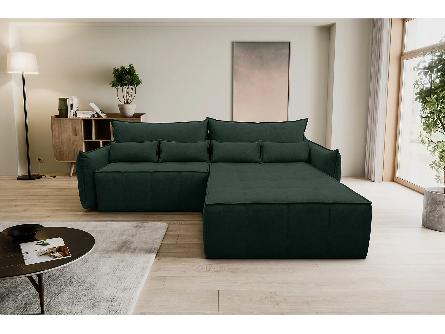 Canapé d'angle Empoli avec fonction couchage et coffre de rangement, couleur : vert, tissu velours, pouf à droite