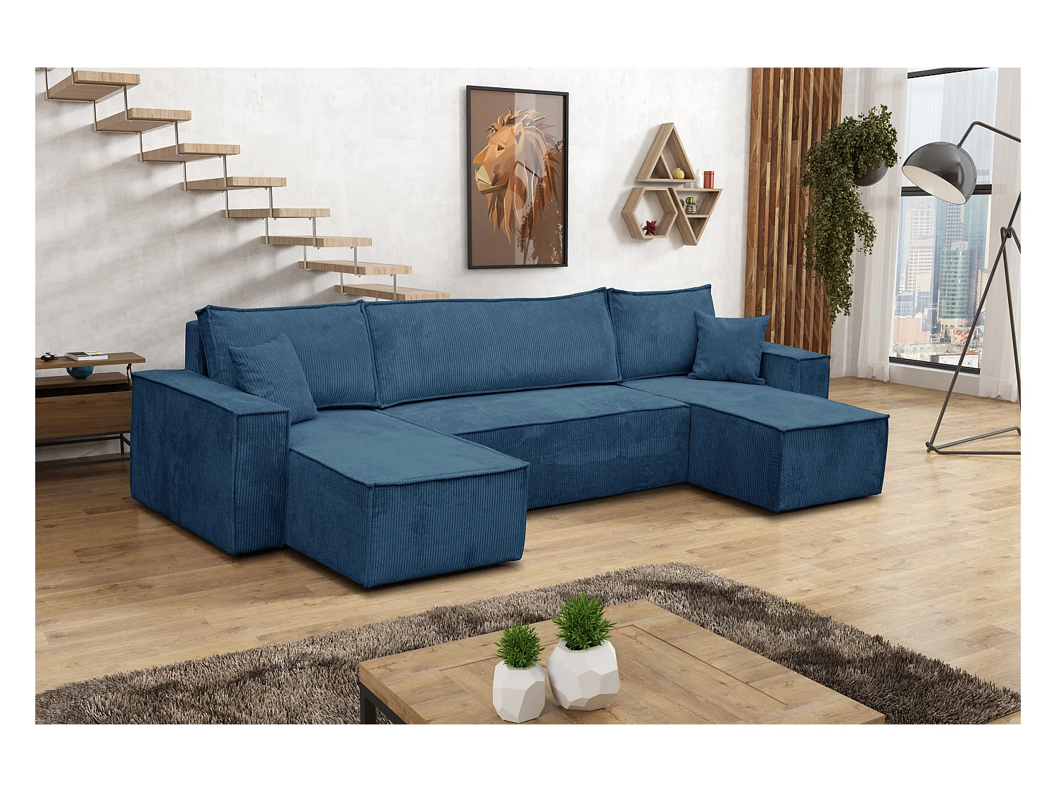Ensemble de salon Hugo U, canapé en U avec fonction couchage et coffre de rangement, couleur : bleu, tissu velours côtelé