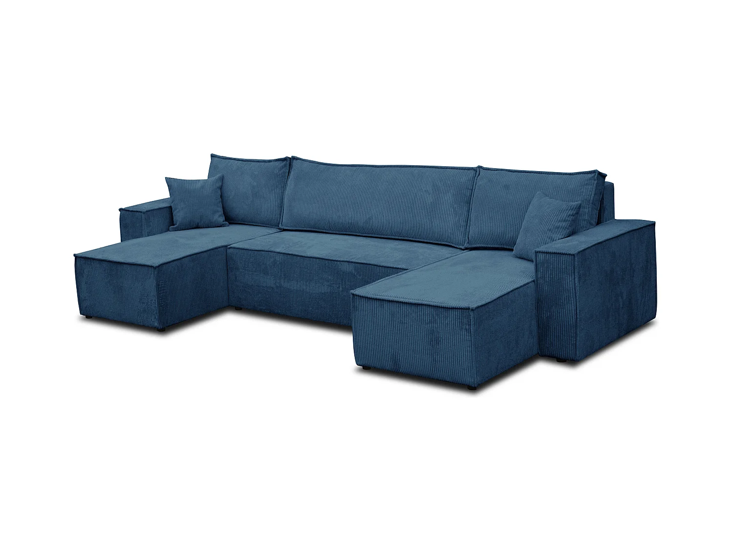 Ensemble de salon Hugo U, canapé en U avec fonction couchage et coffre de rangement, couleur : bleu, tissu velours côtelé