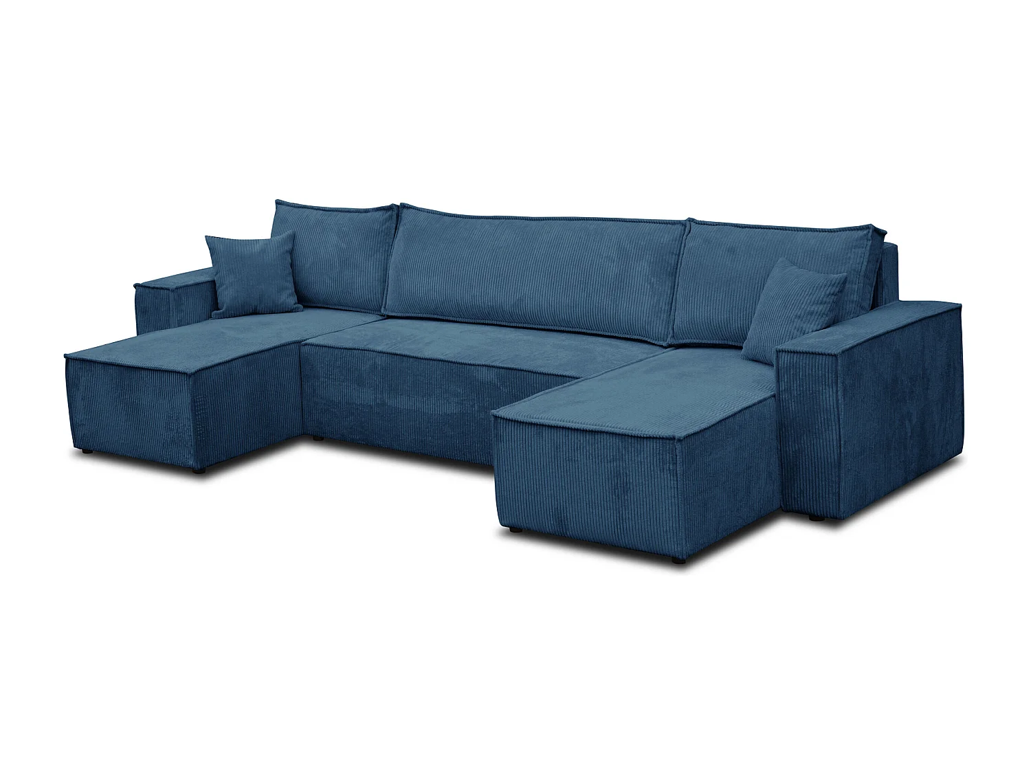 Ensemble de salon Hugo U, canapé en U avec fonction couchage et coffre de rangement, couleur : bleu, tissu velours côtelé