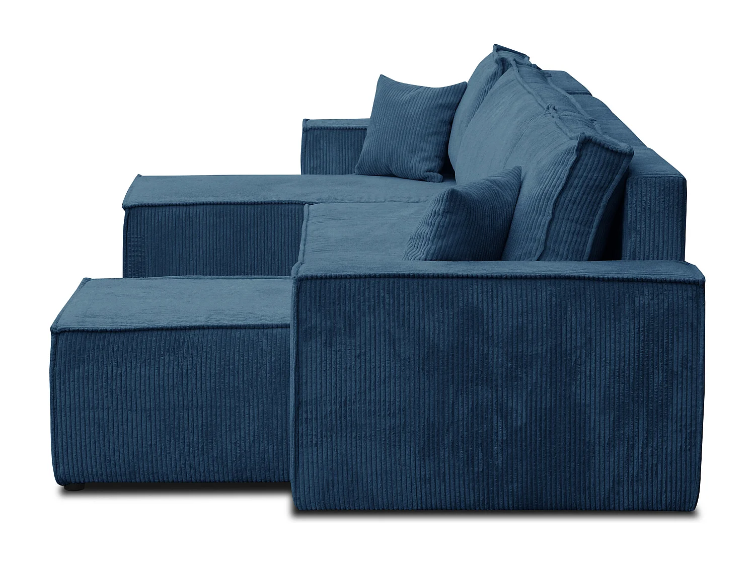 Ensemble de salon Hugo U, canapé en U avec fonction couchage et coffre de rangement, couleur : bleu, tissu velours côtelé