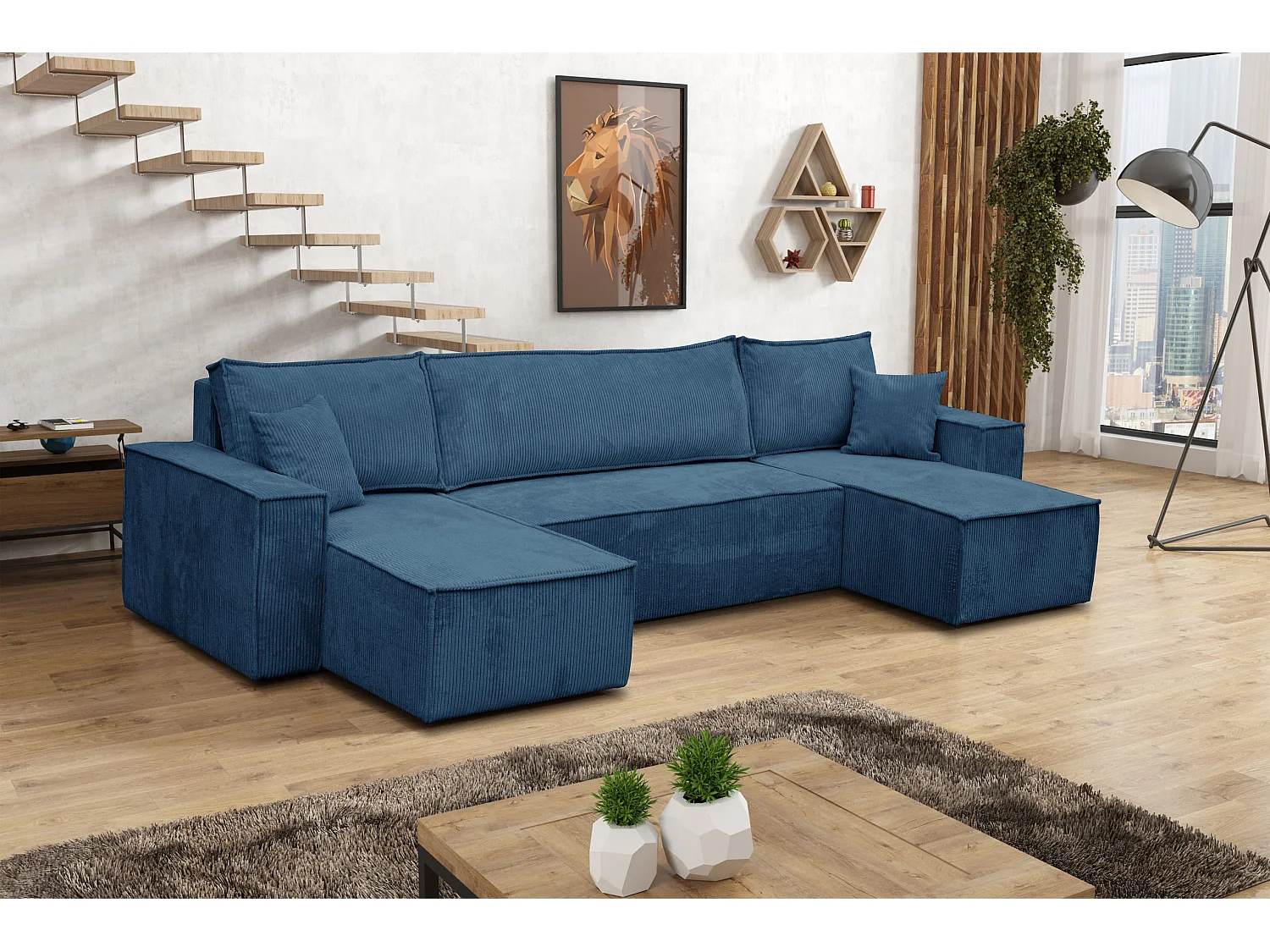 Ensemble de salon Hugo U, canapé en U avec fonction couchage et coffre de rangement, couleur : bleu, tissu velours côtelé