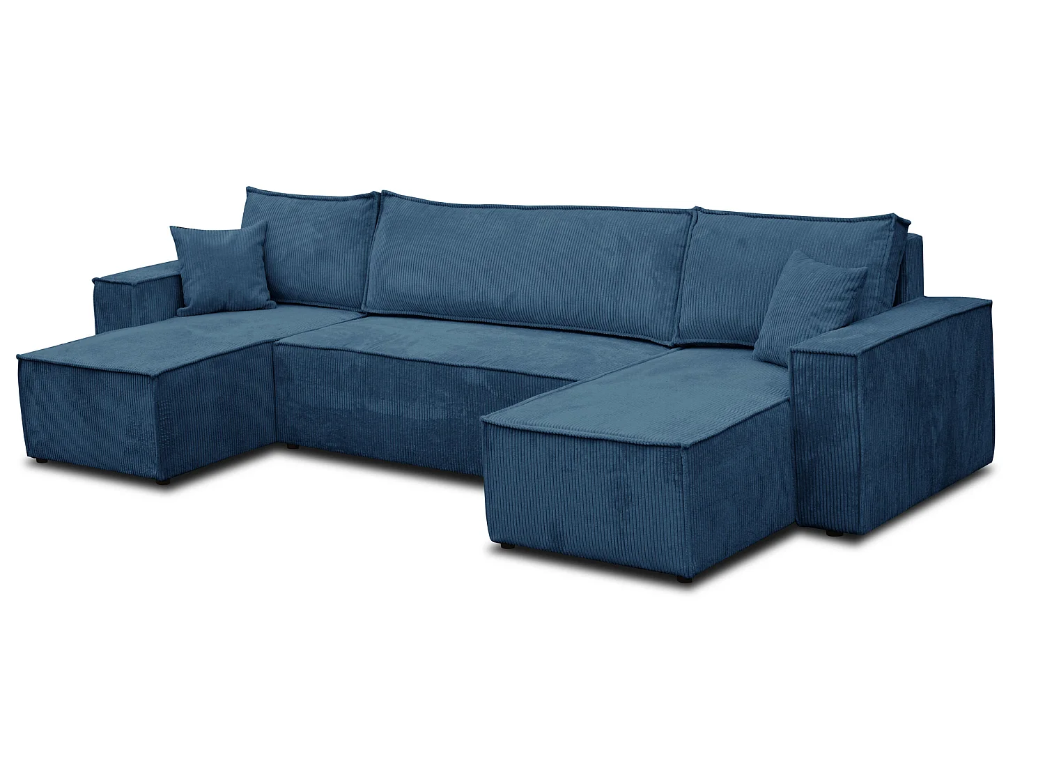 Ensemble de salon Hugo U, canapé en U avec fonction couchage et coffre de rangement, couleur : bleu, tissu velours côtelé