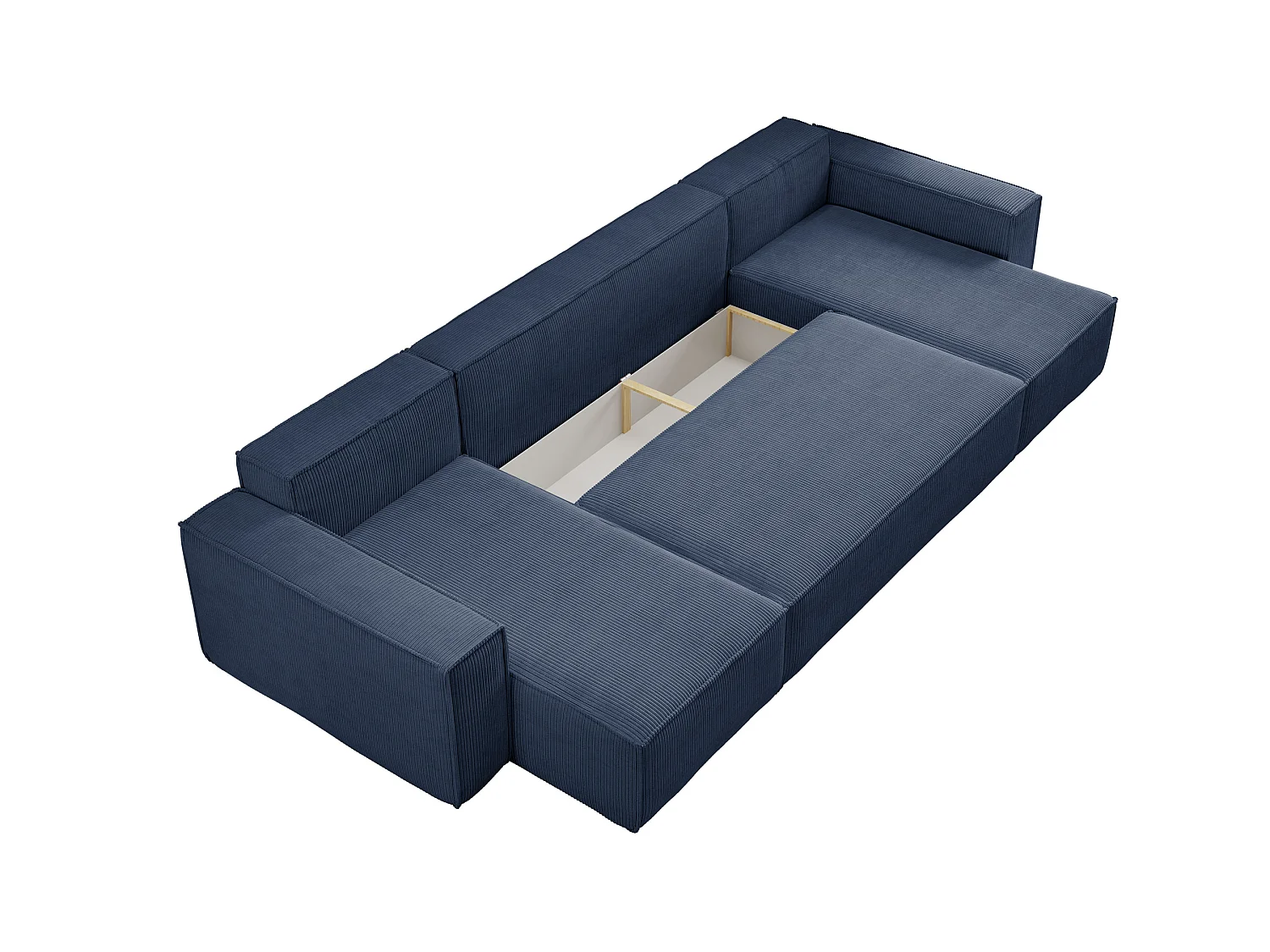 Ensemble de salon Hugo U, canapé en U avec fonction couchage et coffre de rangement, couleur : bleu, tissu velours côtelé