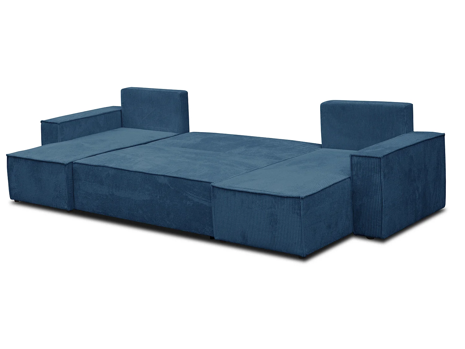 Ensemble de salon Hugo U, canapé en U avec fonction couchage et coffre de rangement, couleur : bleu, tissu velours côtelé