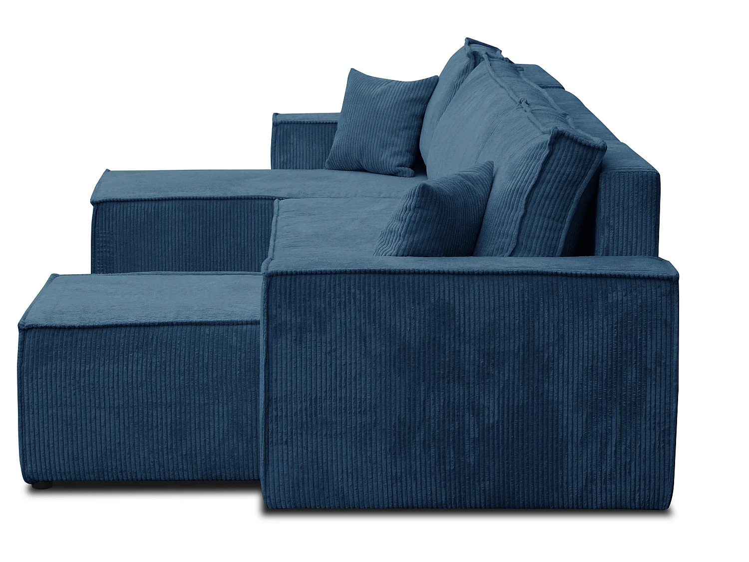 Ensemble de salon Hugo U, canapé en U avec fonction couchage et coffre de rangement, couleur : bleu, tissu velours côtelé