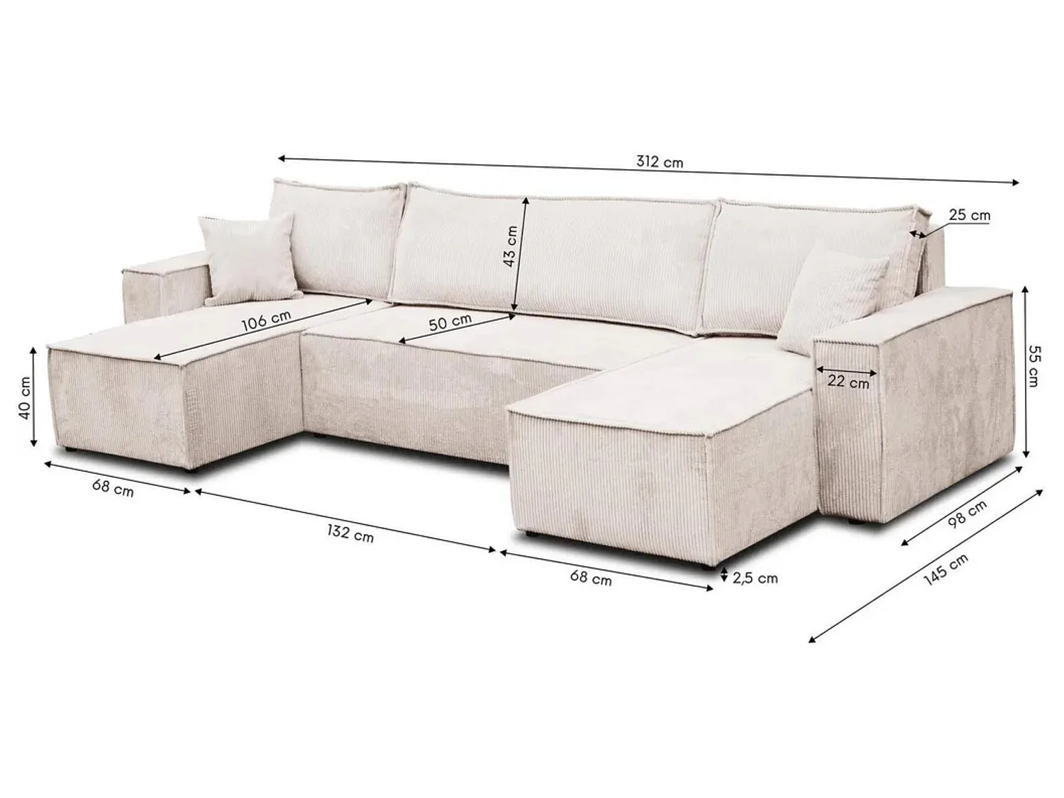 Ensemble de salon Hugo U, canapé en U avec fonction couchage et coffre de rangement, couleur : bleu, tissu velours côtelé