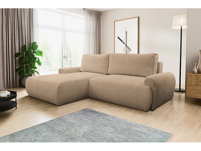 Canapé d'angle Moon avec fonction couchage et coffre de rangement, couleur : marron, tissu bouclé, pouf à gauche