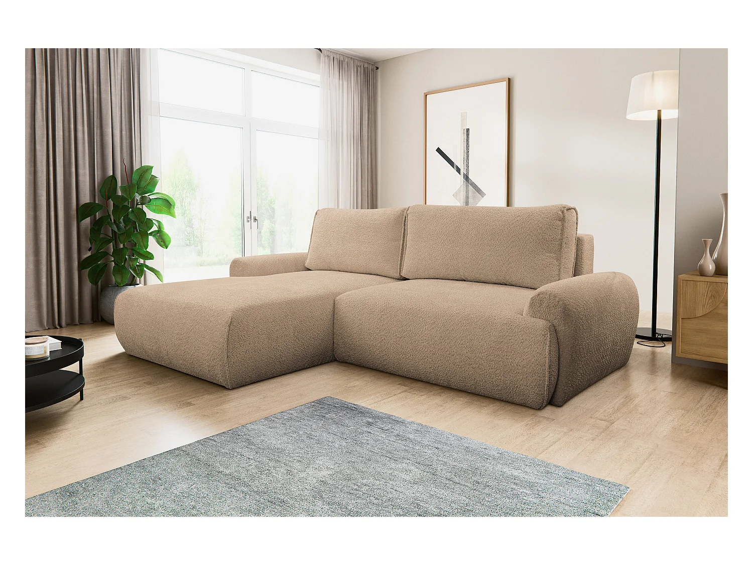 Canapé d'angle Moon avec fonction couchage et coffre de rangement, couleur : marron, tissu bouclé, pouf à gauche