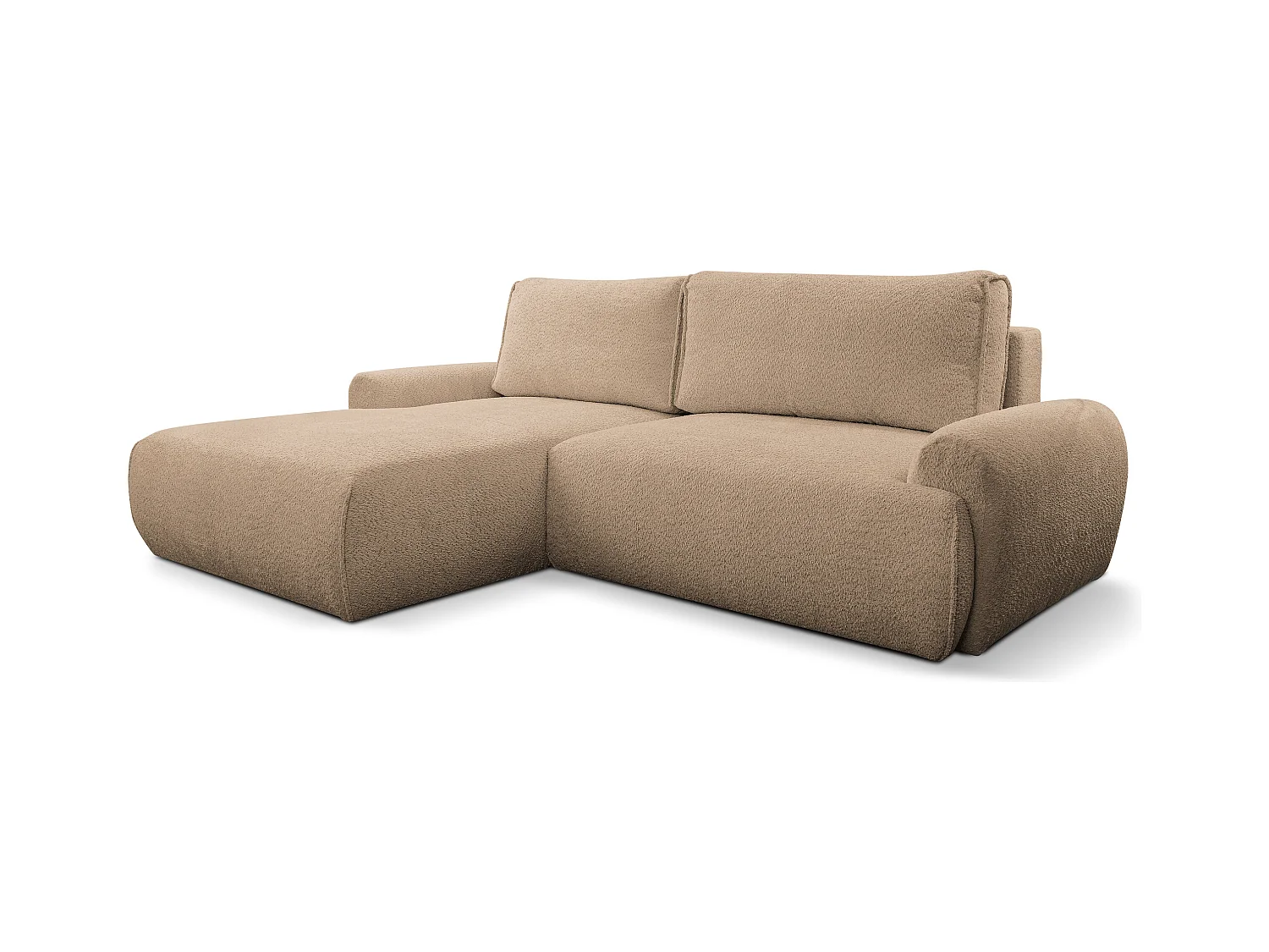 Canapé d'angle Moon avec fonction couchage et coffre de rangement, couleur : marron, tissu bouclé, pouf à gauche