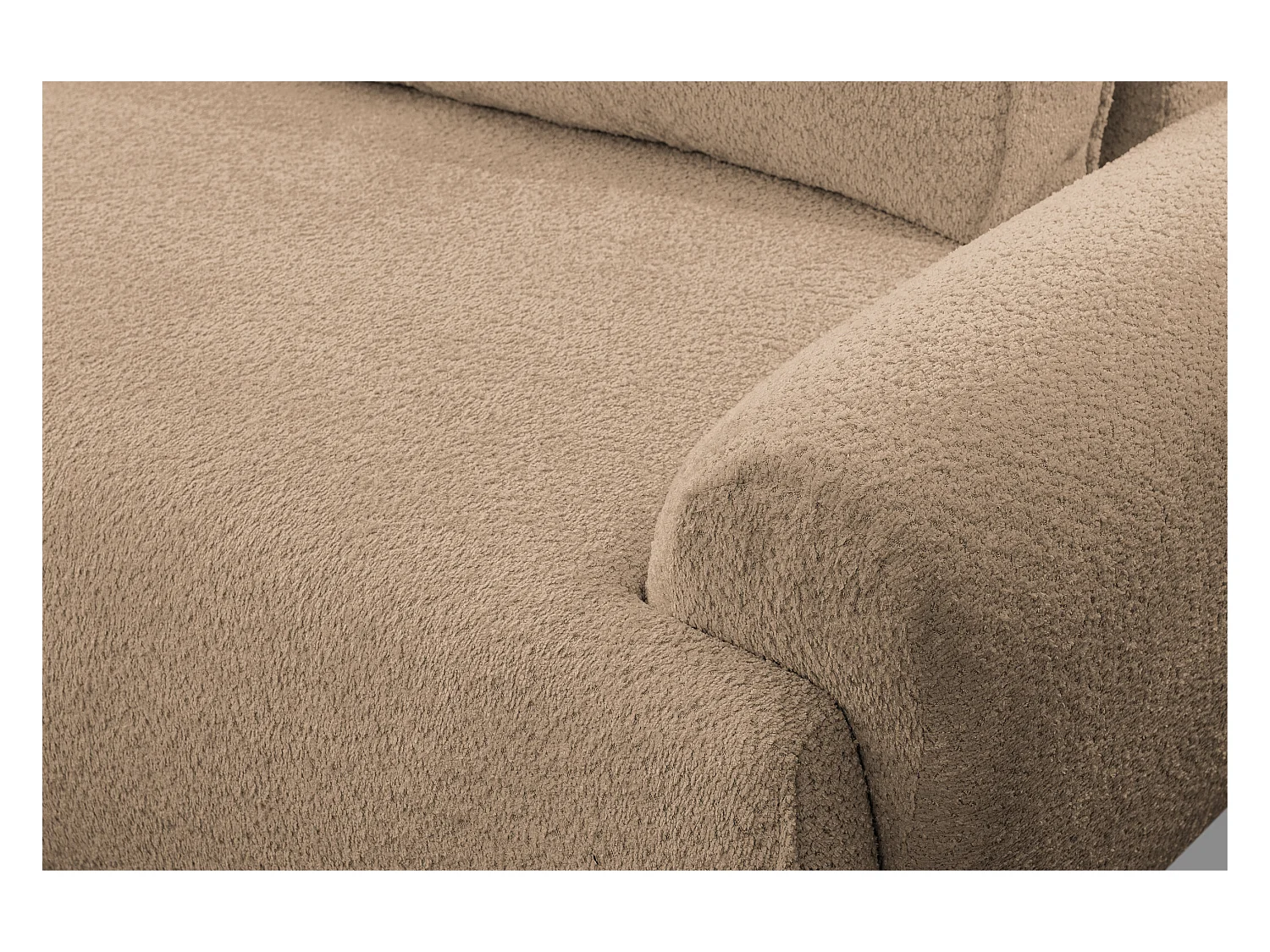 Canapé d'angle Moon avec fonction couchage et coffre de rangement, couleur : marron, tissu bouclé, pouf à gauche