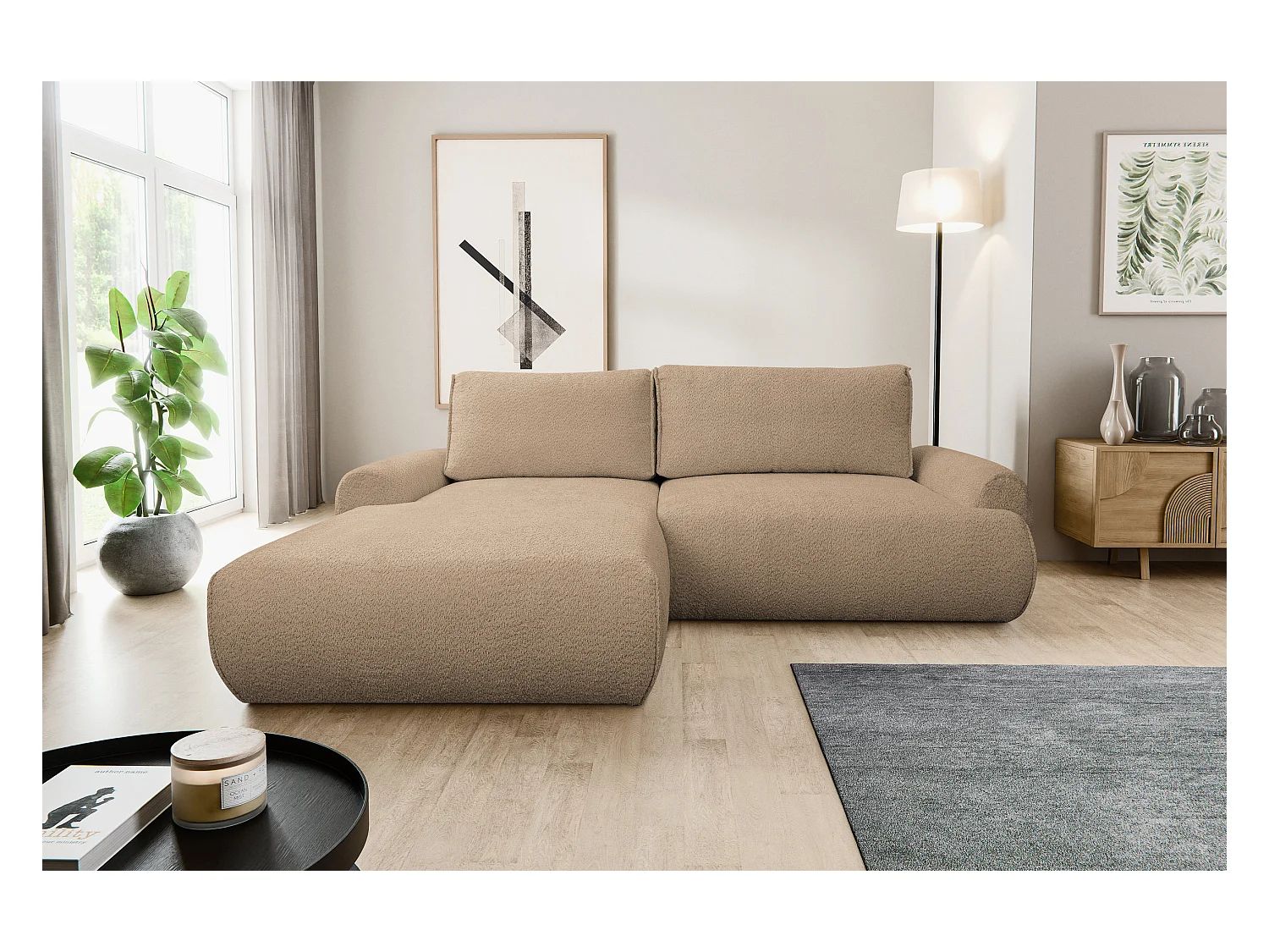 Canapé d'angle Moon avec fonction couchage et coffre de rangement, couleur : marron, tissu bouclé, pouf à gauche