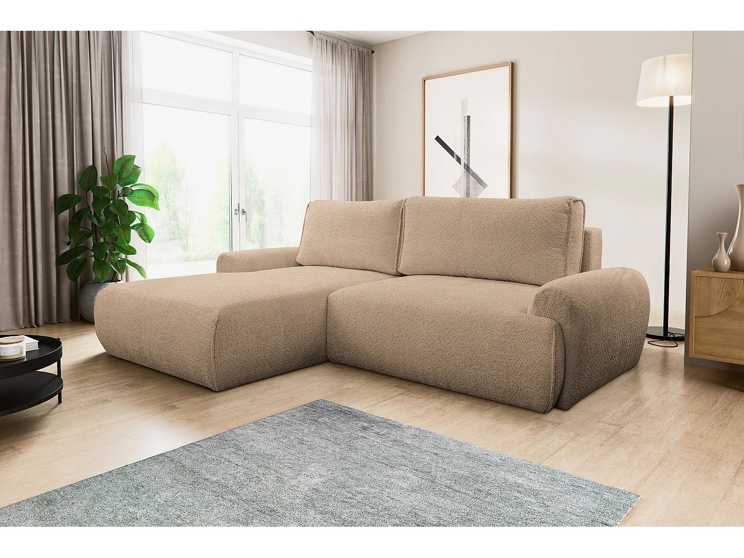 Canapé d'angle Moon avec fonction couchage et coffre de rangement, couleur : marron, tissu bouclé, pouf à gauche