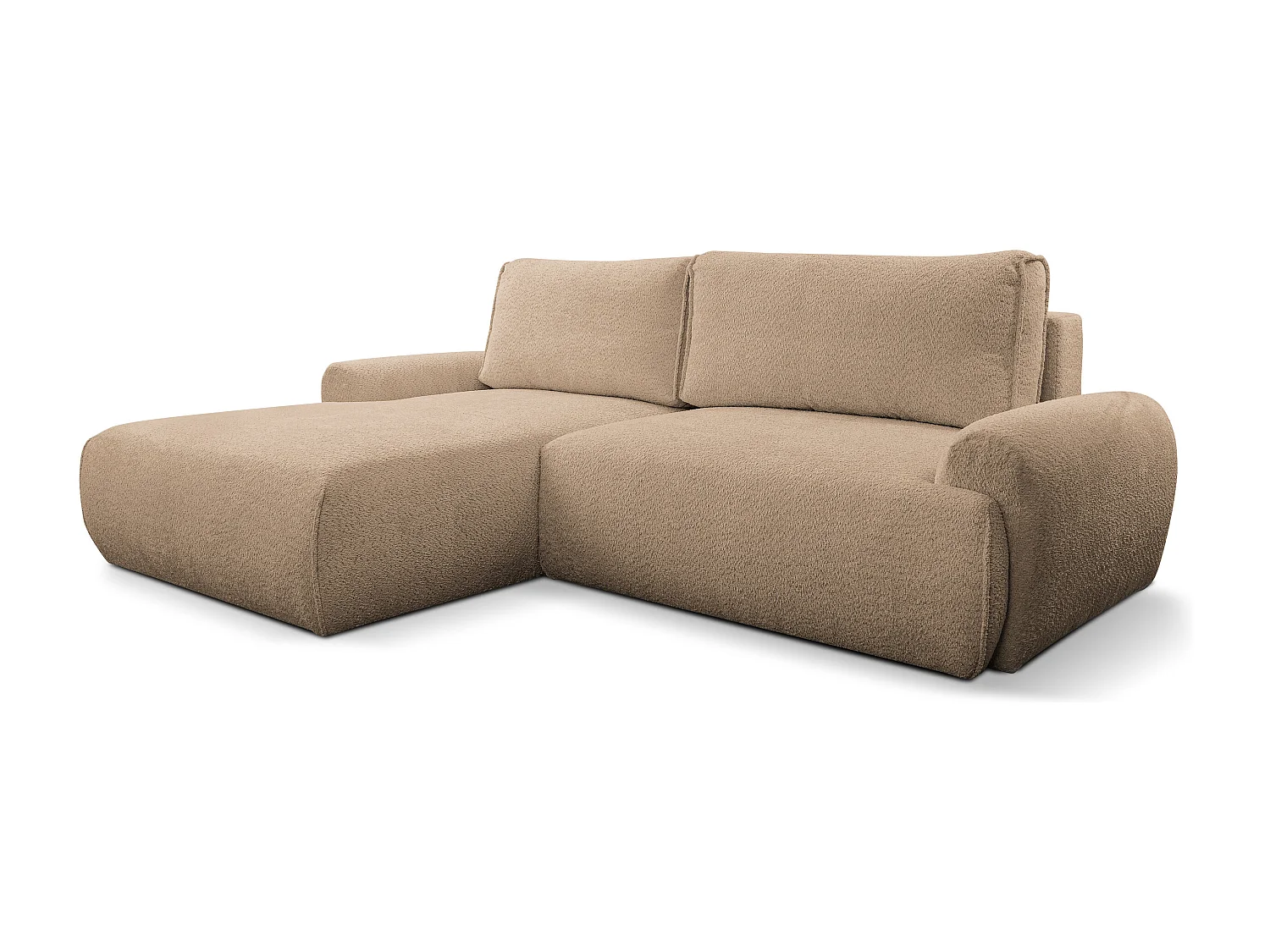 Canapé d'angle Moon avec fonction couchage et coffre de rangement, couleur : marron, tissu bouclé, pouf à gauche