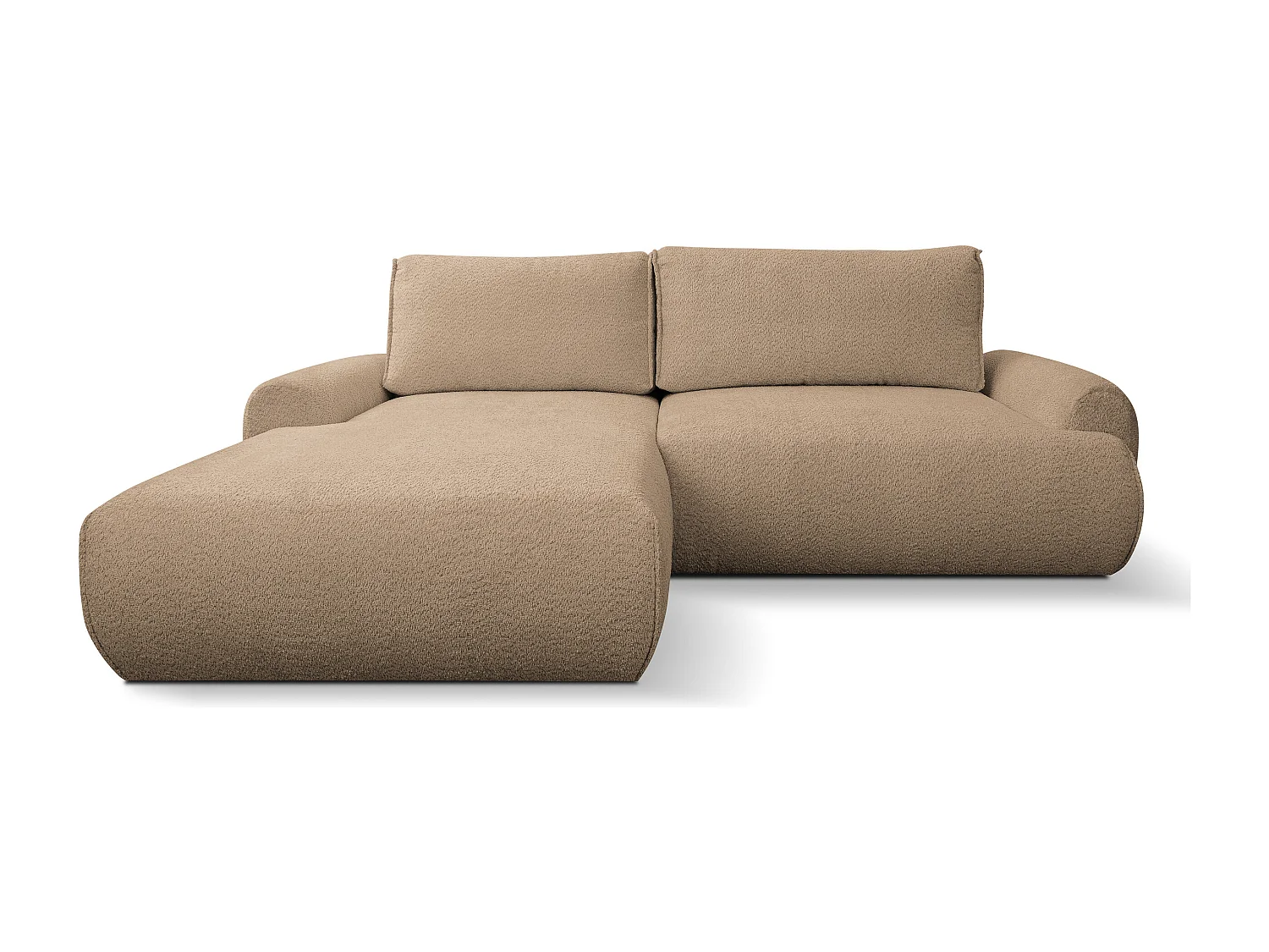 Canapé d'angle Moon avec fonction couchage et coffre de rangement, couleur : marron, tissu bouclé, pouf à gauche