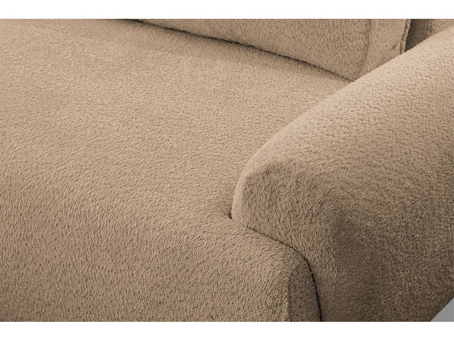 Canapé d'angle Moon avec fonction couchage et coffre de rangement, couleur : marron, tissu bouclé, pouf à gauche