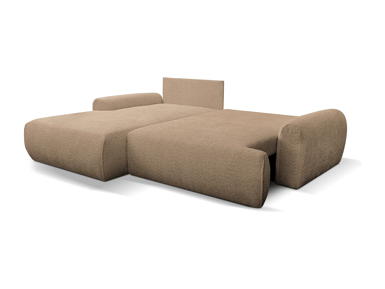 Canapé d'angle Moon avec fonction couchage et coffre de rangement, couleur : marron, tissu bouclé, pouf à gauche