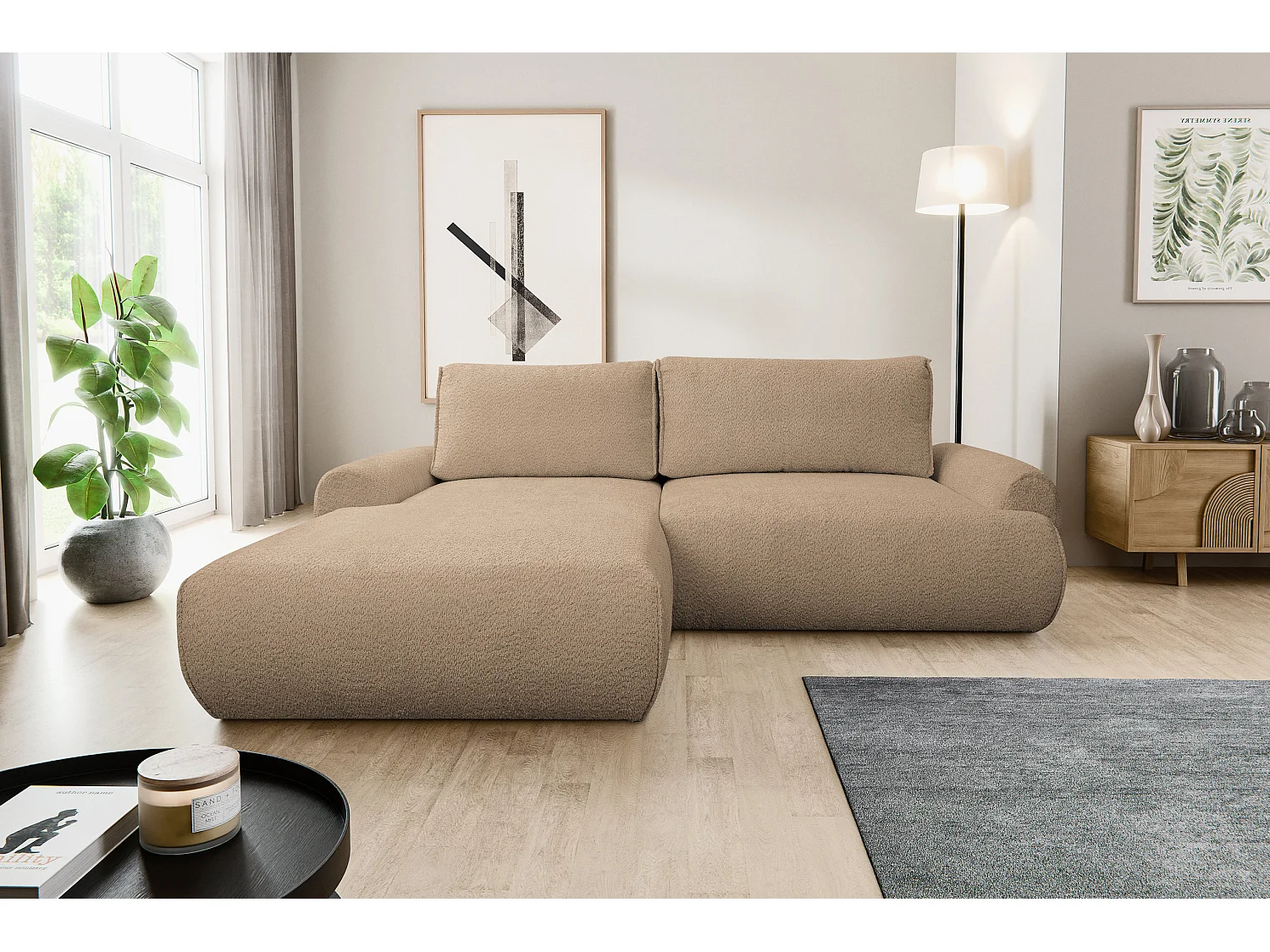 Canapé d'angle Moon avec fonction couchage et coffre de rangement, couleur : marron, tissu bouclé, pouf à gauche