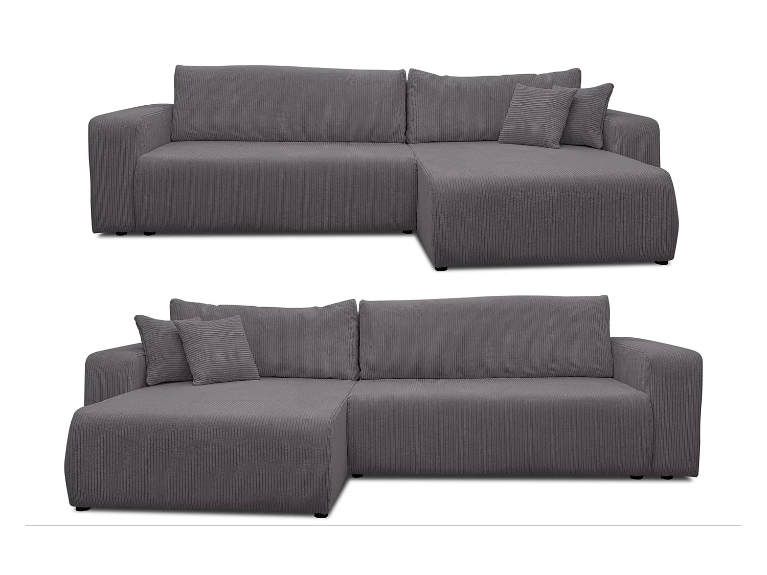 Canapé d'angle Luna XL avec fonction couchage et coffre de rangement, couleur : gris foncé, tissu velours côtelé, pouf à gauche ou à droite