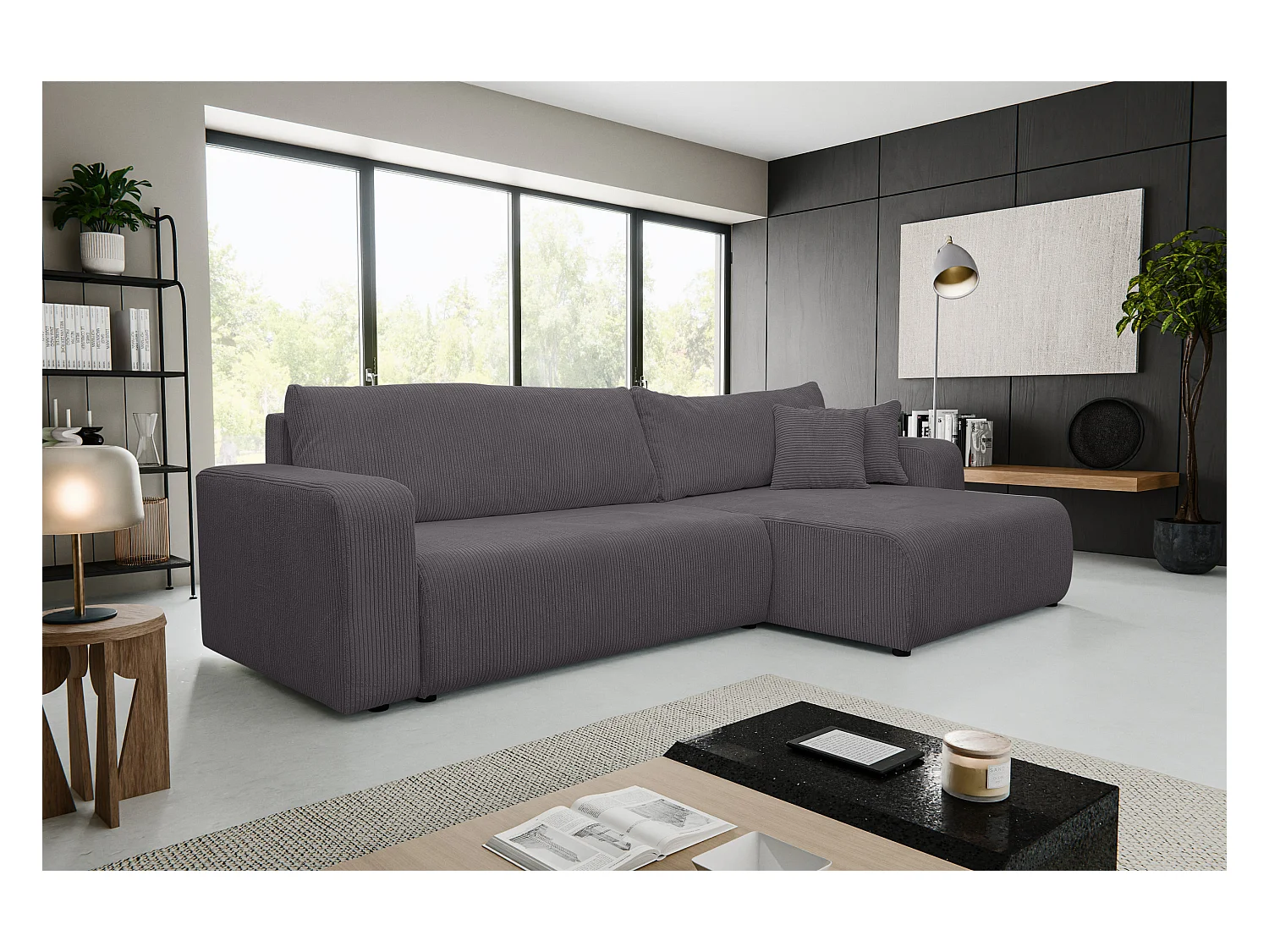 Hoekbank Luna XL, hoekbank in L-vorm met slaapfunctie en bedbak, kleur: donkergrijs, corduroy, ottomane links of rechts
