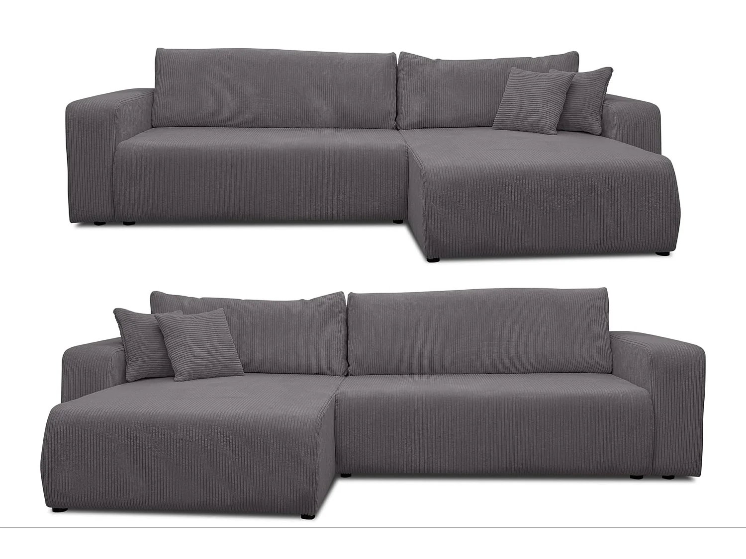 Canapé d'angle Luna XL avec fonction couchage et coffre de rangement, couleur : gris foncé, tissu velours côtelé, pouf à gauche ou à droite