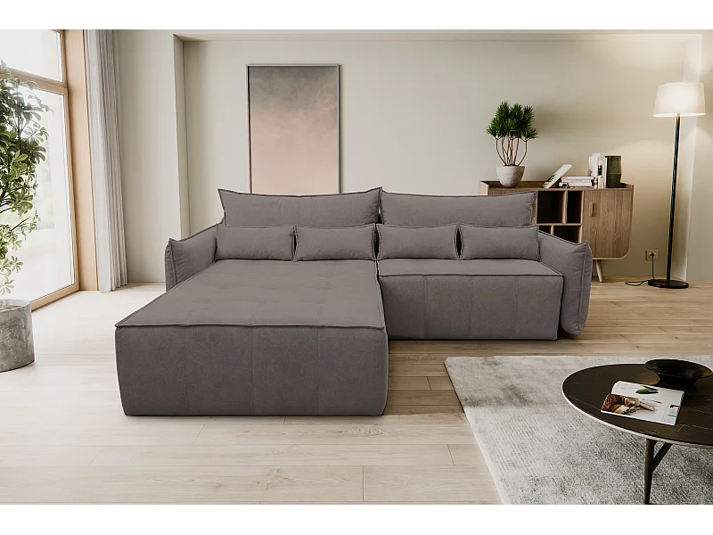 Canapé d'angle Empoli avec fonction couchage et coffre de rangement, couleur : marron, tissu velours, pouf gauche