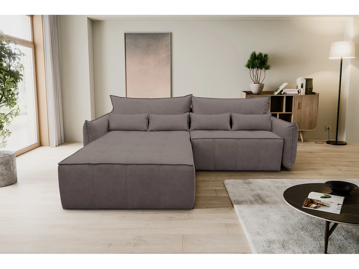 Canapé d'angle Empoli avec fonction couchage et coffre de rangement, couleur : marron, tissu velours, pouf gauche