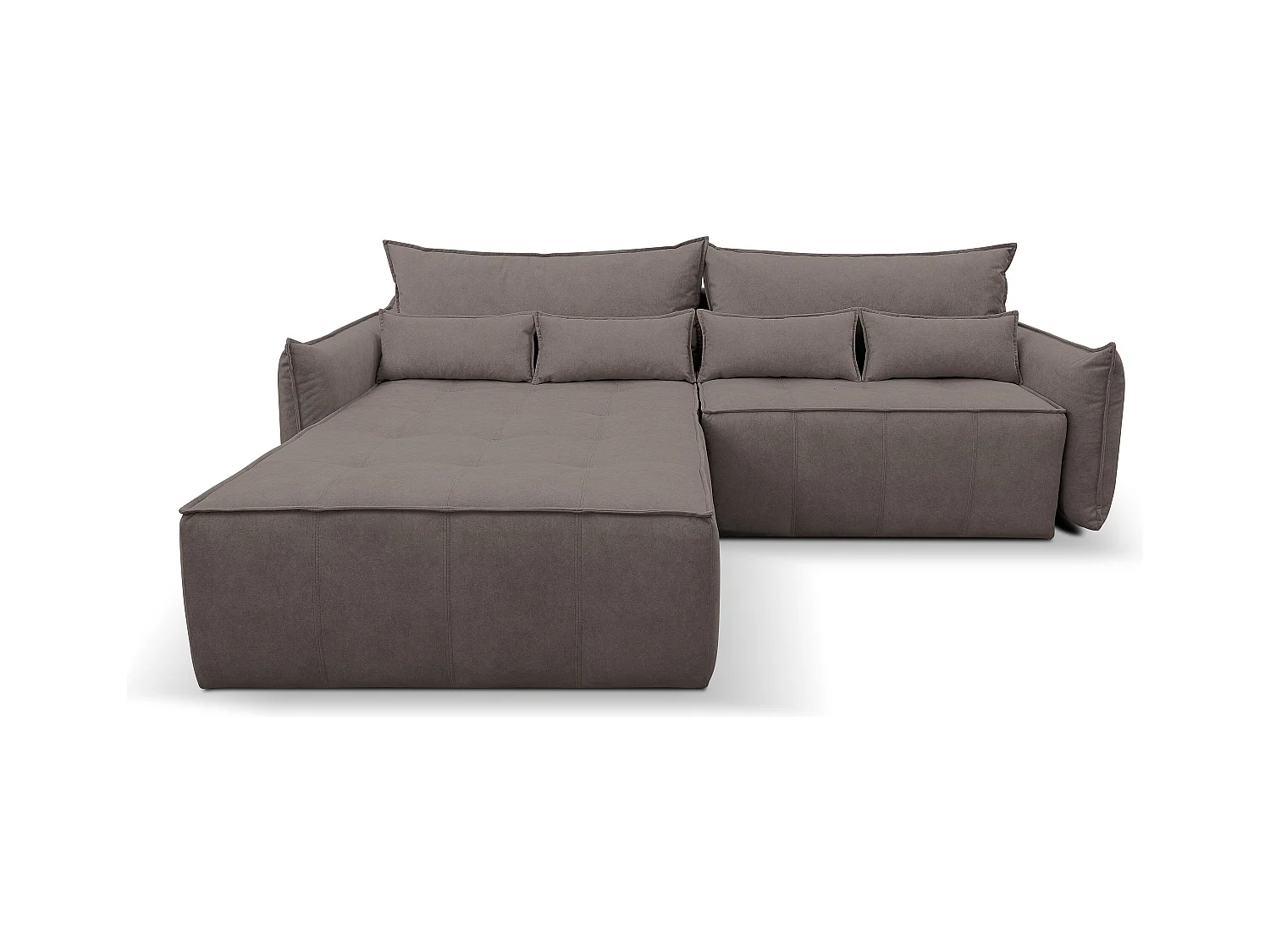 Canapé d'angle Empoli avec fonction couchage et coffre de rangement, couleur : marron, tissu velours, pouf gauche