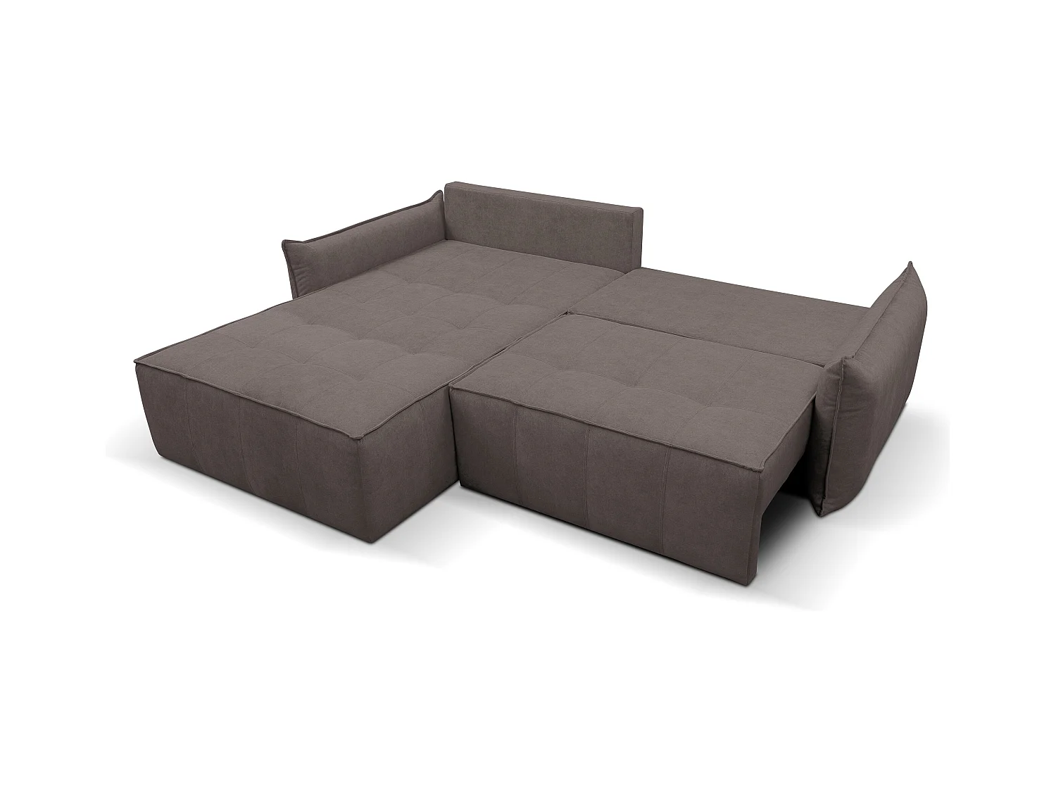 Canapé d'angle Empoli avec fonction couchage et coffre de rangement, couleur : marron, tissu velours, pouf gauche