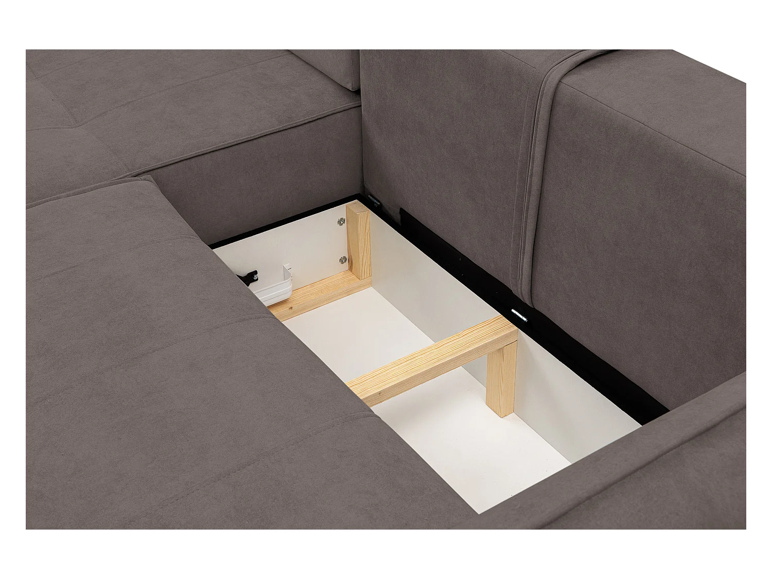 Canapé d'angle Empoli avec fonction couchage et coffre de rangement, couleur : marron, tissu velours, pouf gauche