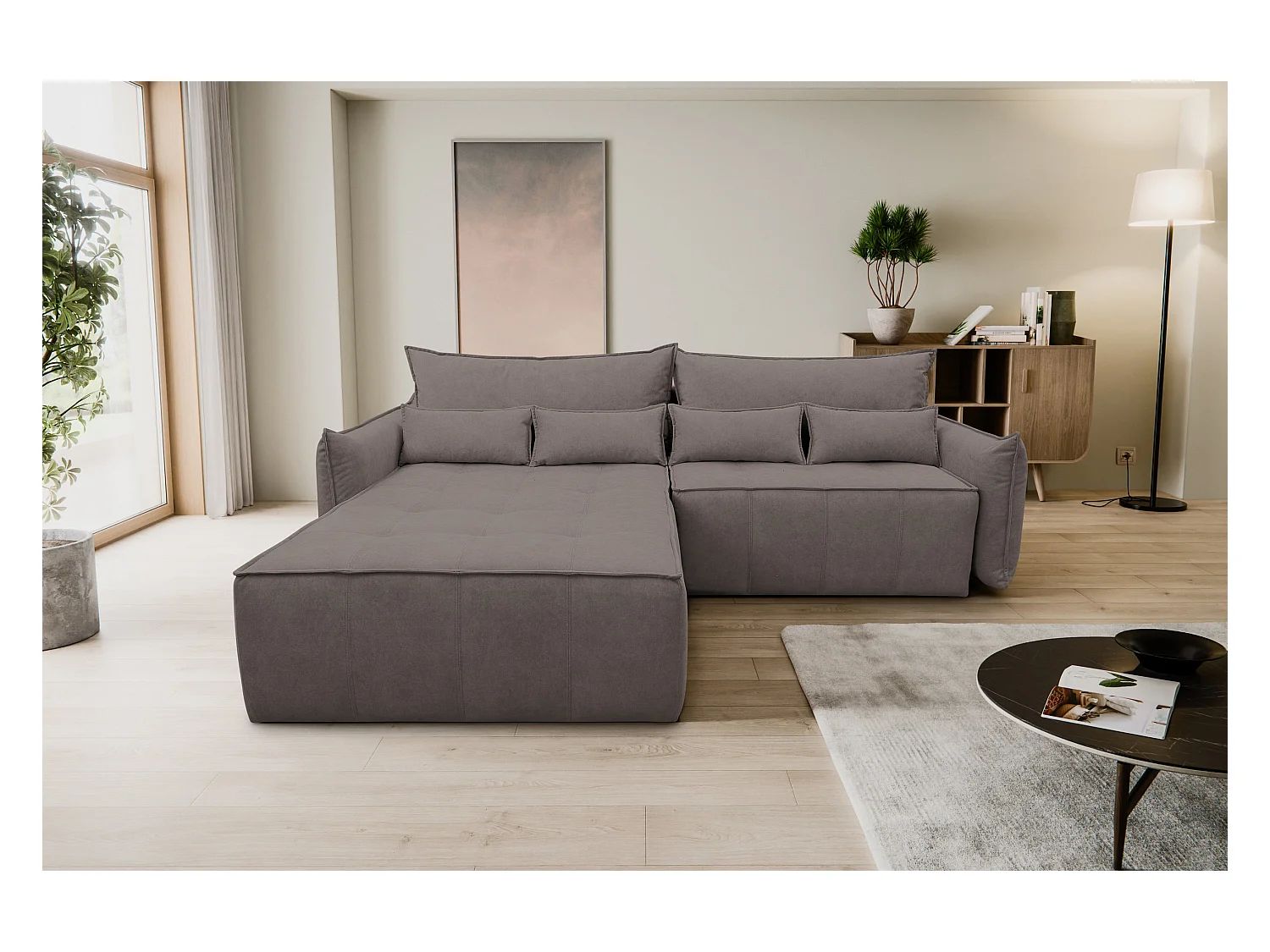 Canapé d'angle Empoli avec fonction couchage et coffre de rangement, couleur : marron, tissu velours, pouf gauche