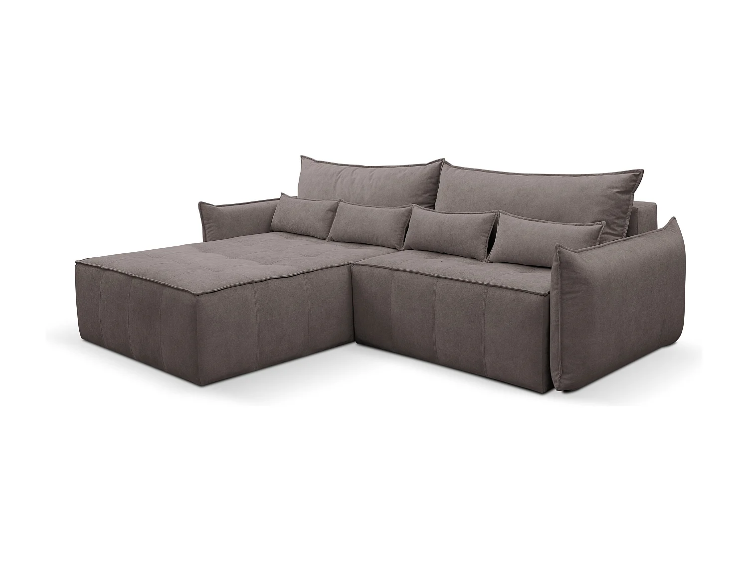 Canapé d'angle Empoli avec fonction couchage et coffre de rangement, couleur : marron, tissu velours, pouf gauche